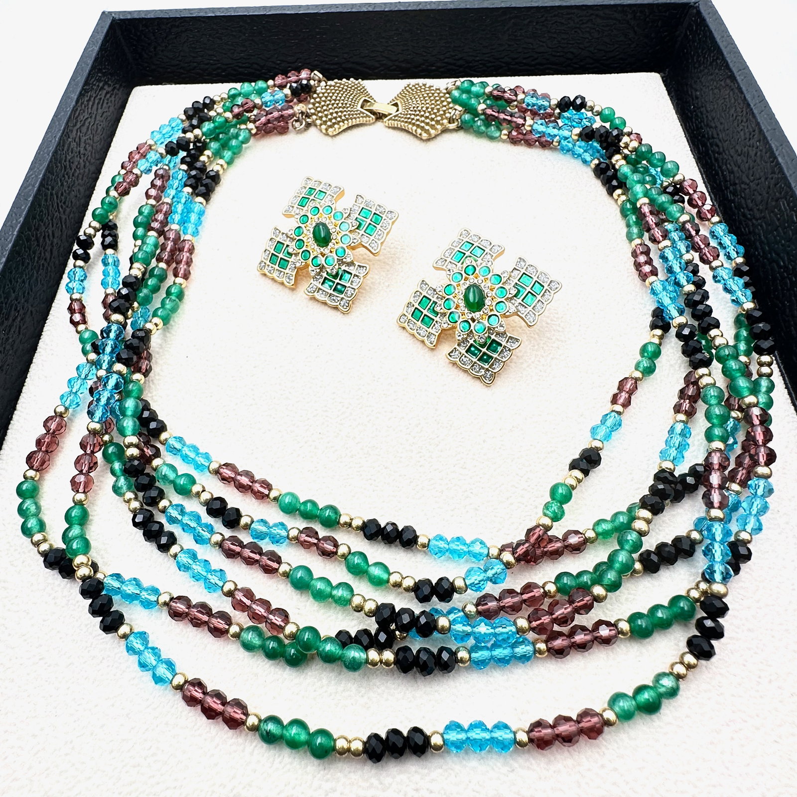 Multi Strand Glass Bead Necklace with Fancy Gold Tone Clasp And Coordinating Maltese Cross Pierced: Multi Strand Glass Bead Necklace with Fancy Gold Tone Clasp And Coordinating Maltese Cross Pierced Earrings