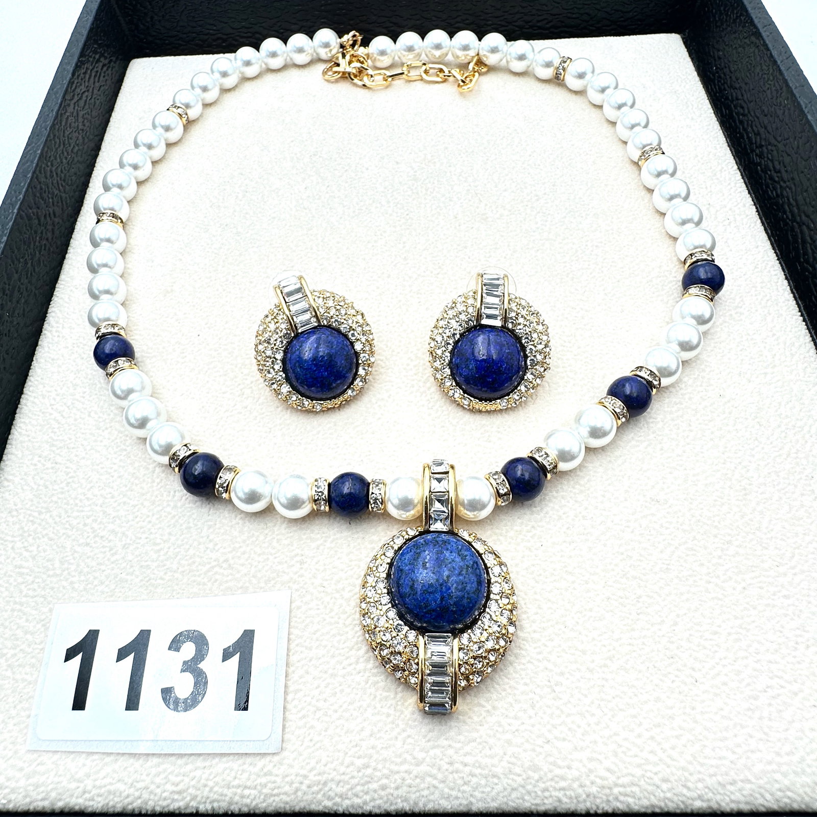 Clear Crystal Blue Glass Gold Tone Pendant Necklace and Pierced Earrings Set (1 of 2)