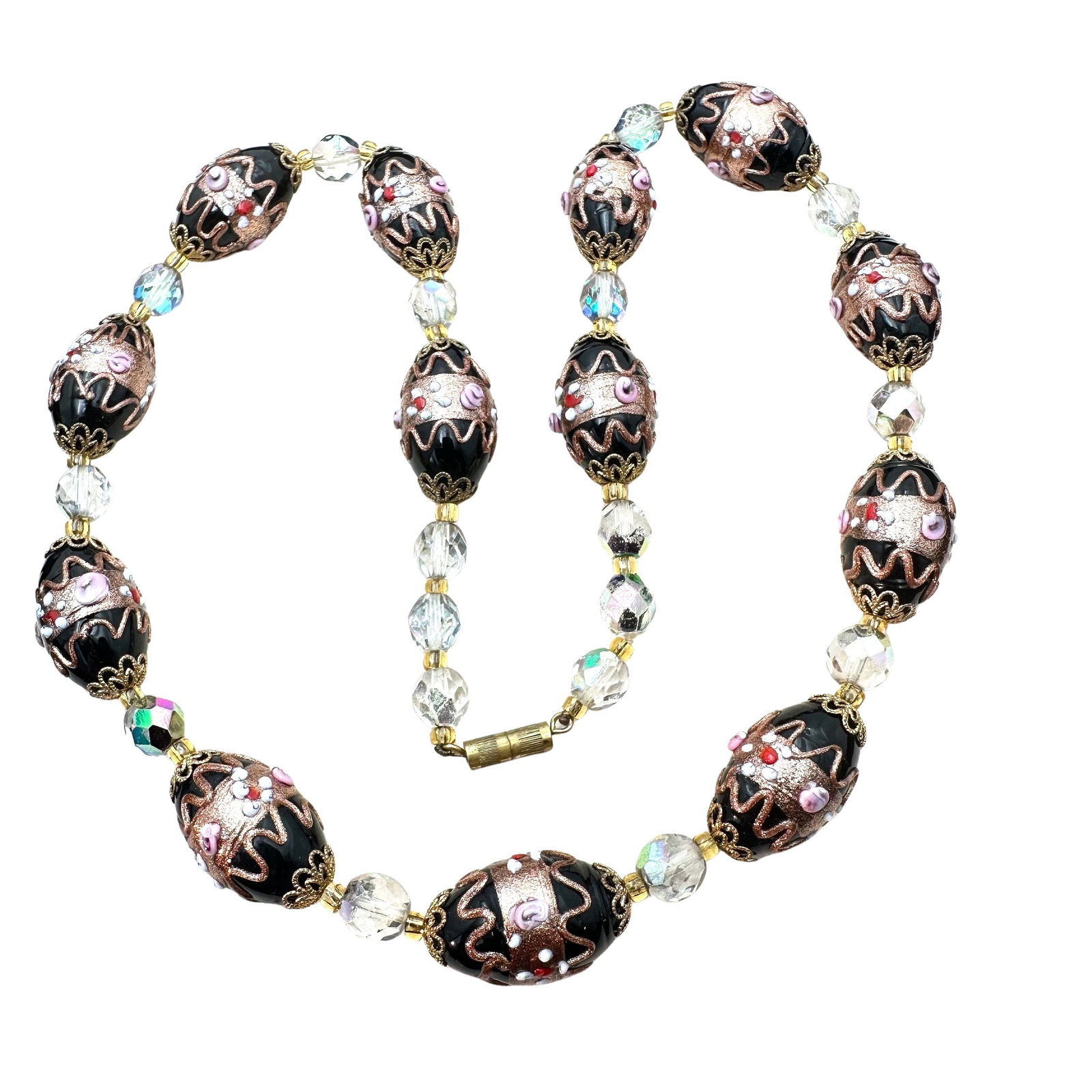 Antique Venetian Glass Wedding Cake Bead Necklace 20 Inch Length Pink and Black (1 of 2)