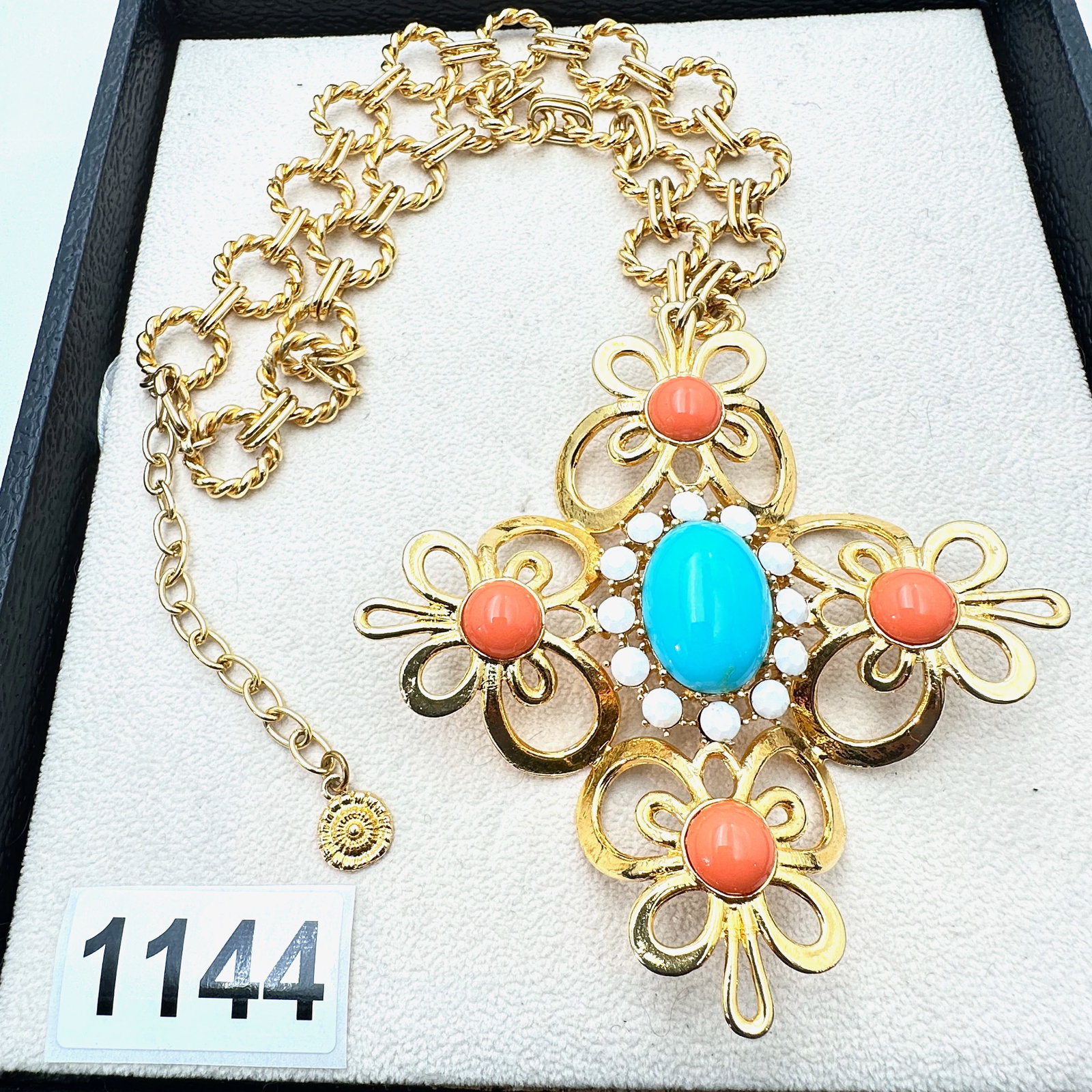 Vintage Graziano Turquoise Blue Coral and White Gold Tone Maltese Cross Pendant 4 Inch Necklace 18 (1 of 2)