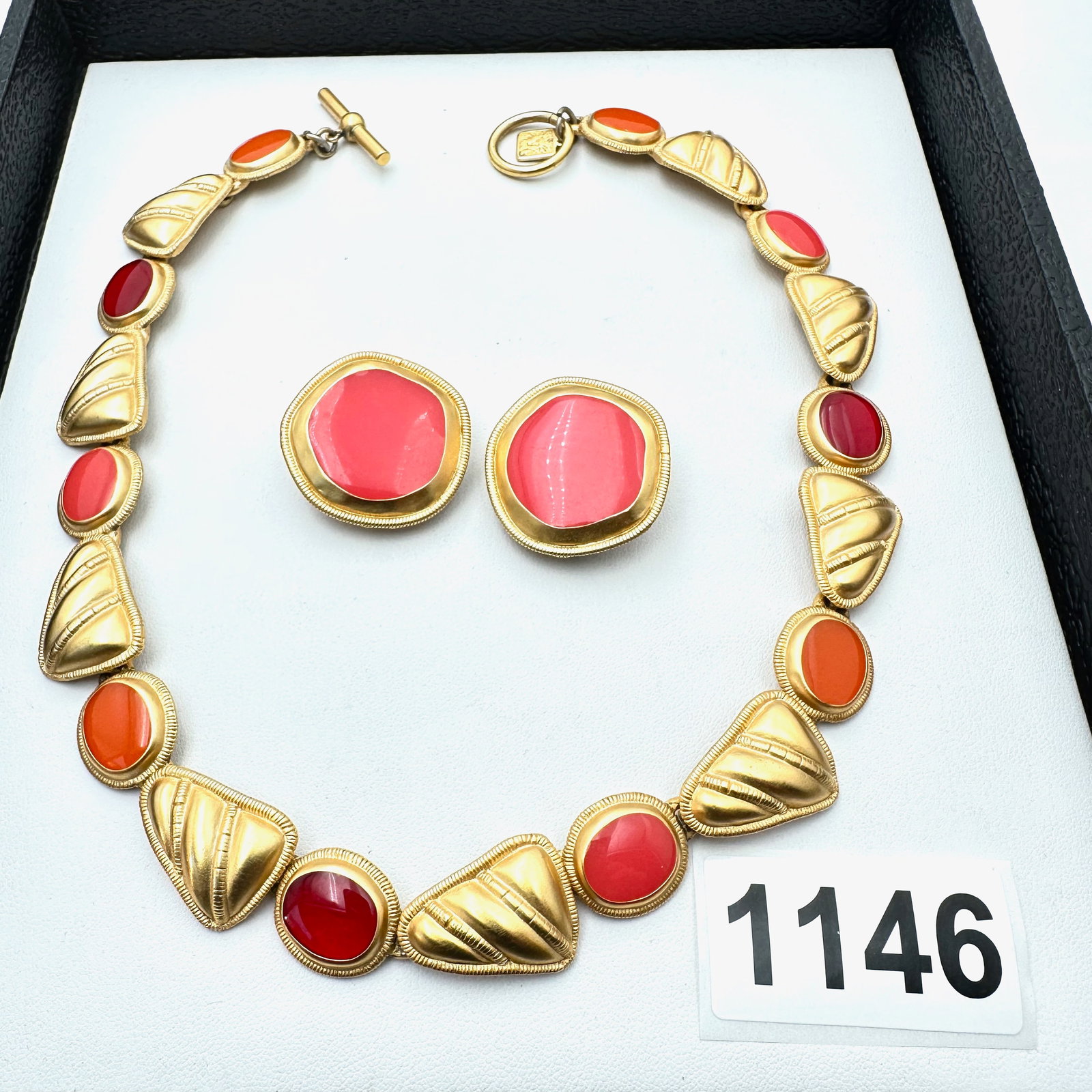 Vintage Anne Klein Orange and Red Enamel Matte Gold Tone Statement Necklace and Clip Earrings Set (1 of 2)