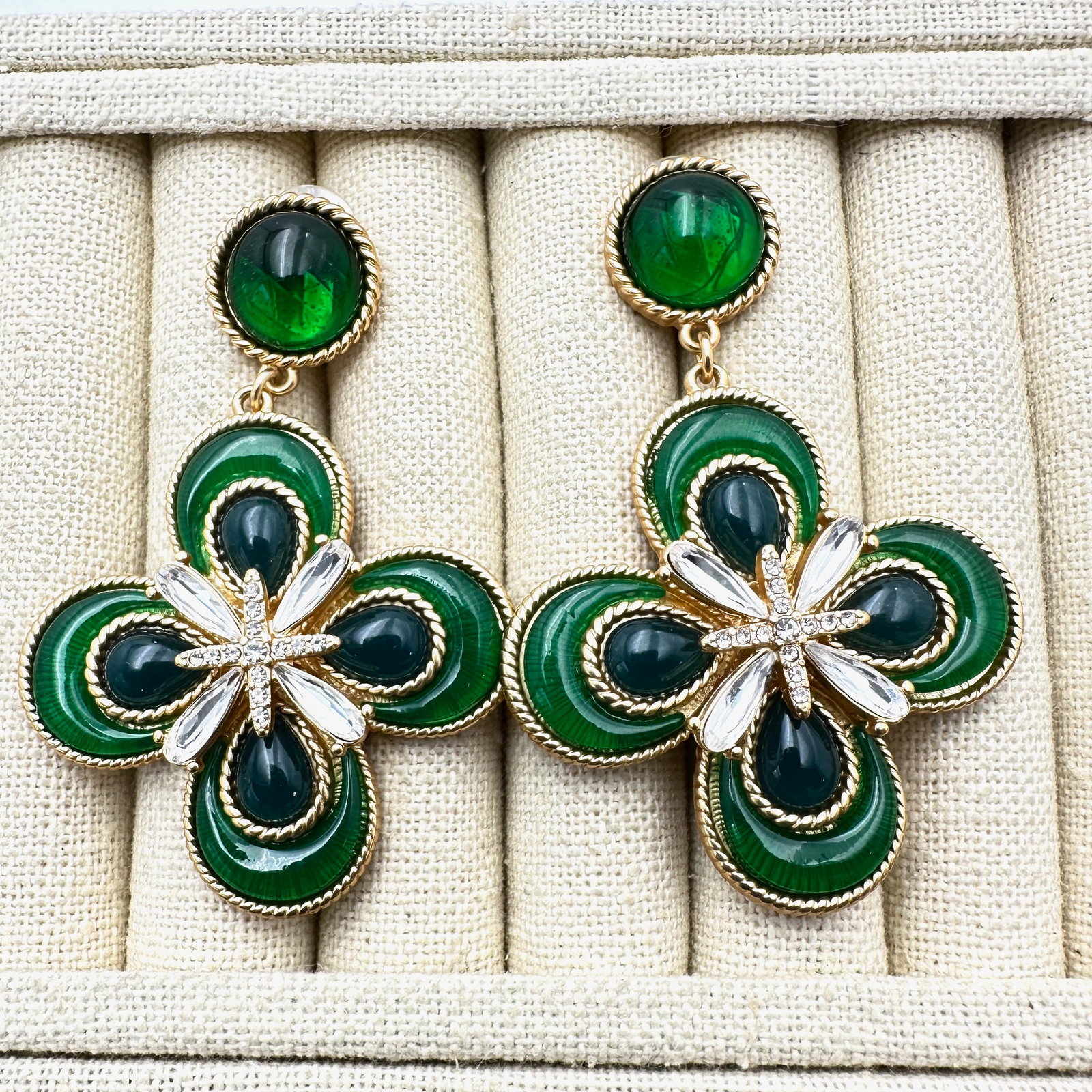 Green And Blue Maltese Cross Crystal Gold Tone Pierced Statement Earrings 2.5 Inch (1 of 2)