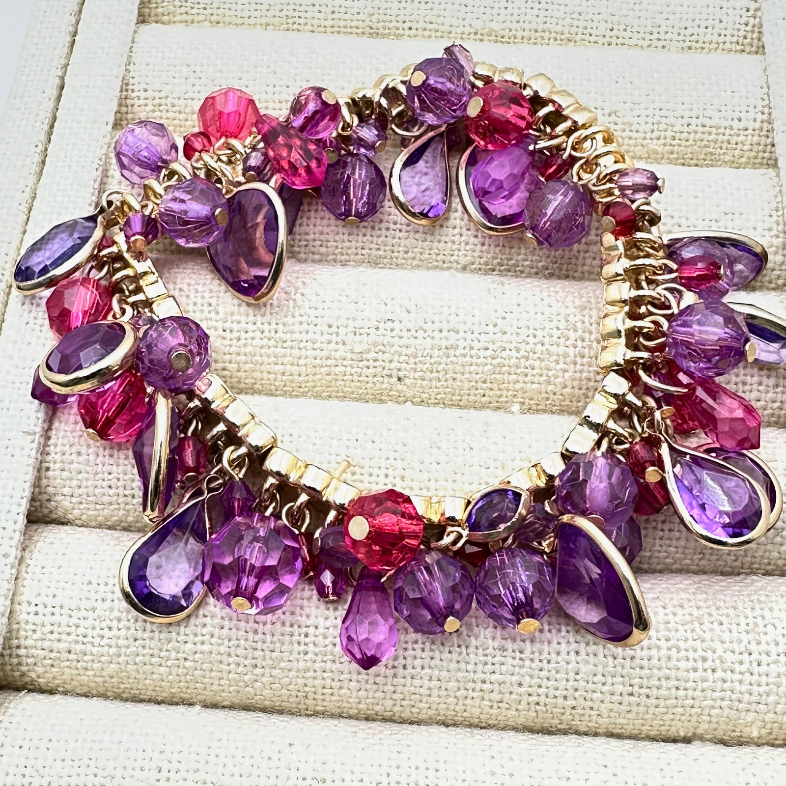 Pink Purple Bezel Set Crystal Gold Tone Bracelet Adjustable Size: Pink Purple Bezel Set Crystal Gold Tone Bracelet Adjustable Size