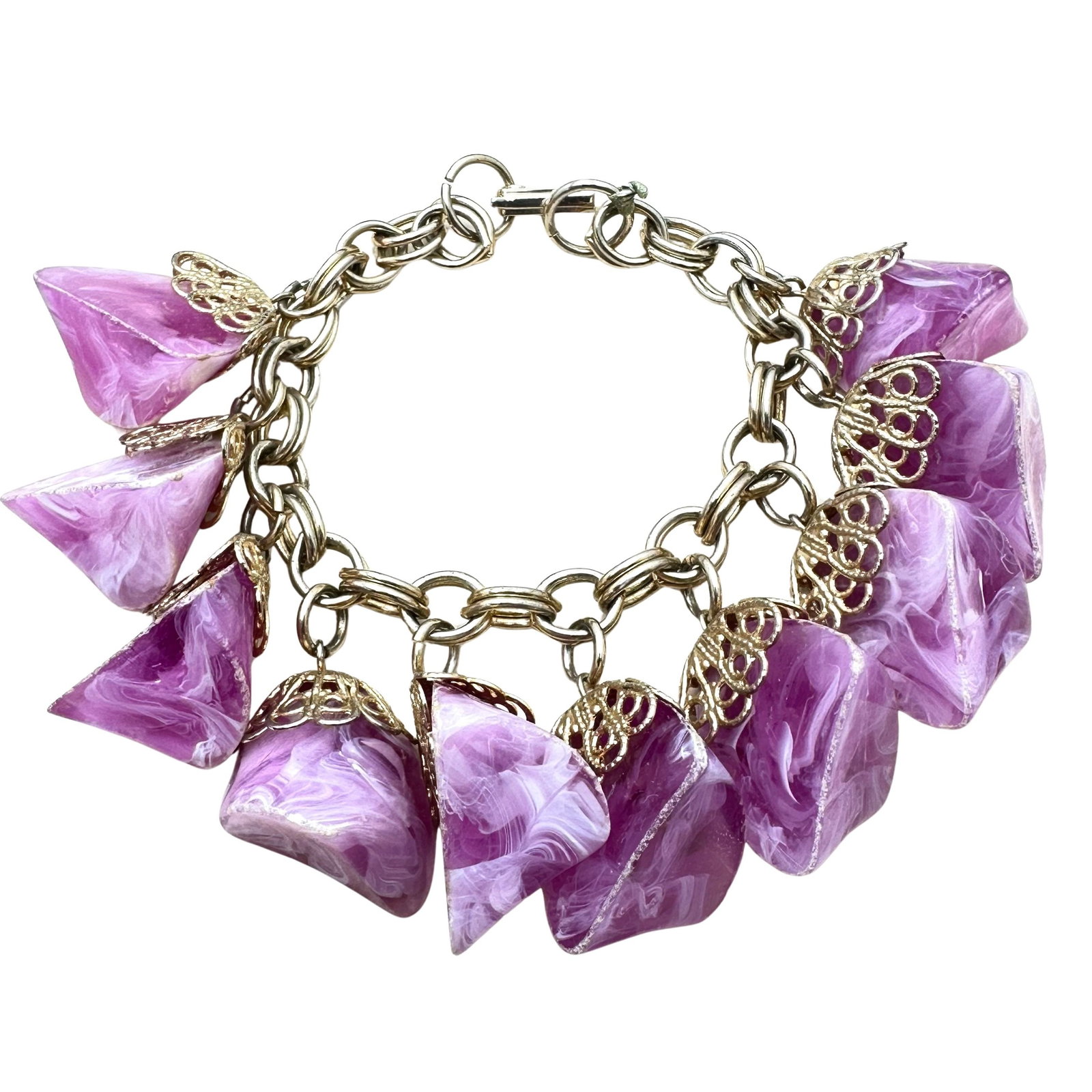 Vintage Purple Swirl Lucite Gold Tone Charm Bracelet 7 Inch (1 of 2)
