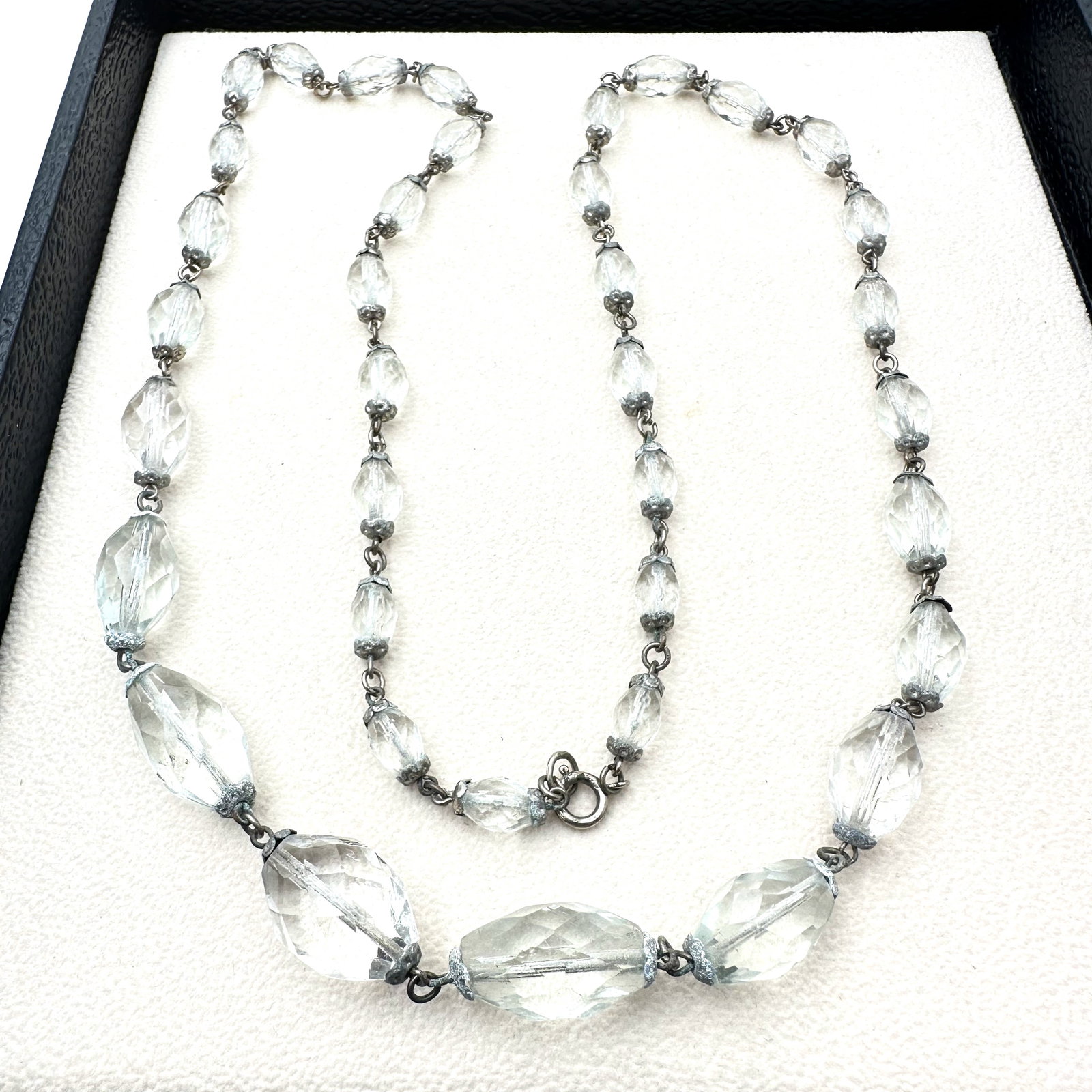 Antique Art Deco Clear Faceted Glass Bead Silver Tone Necklace 28 Inch Flapper: Antique Art Deco Clear Faceted Glass Bead Silver Tone Necklace 28 Inch Flapper