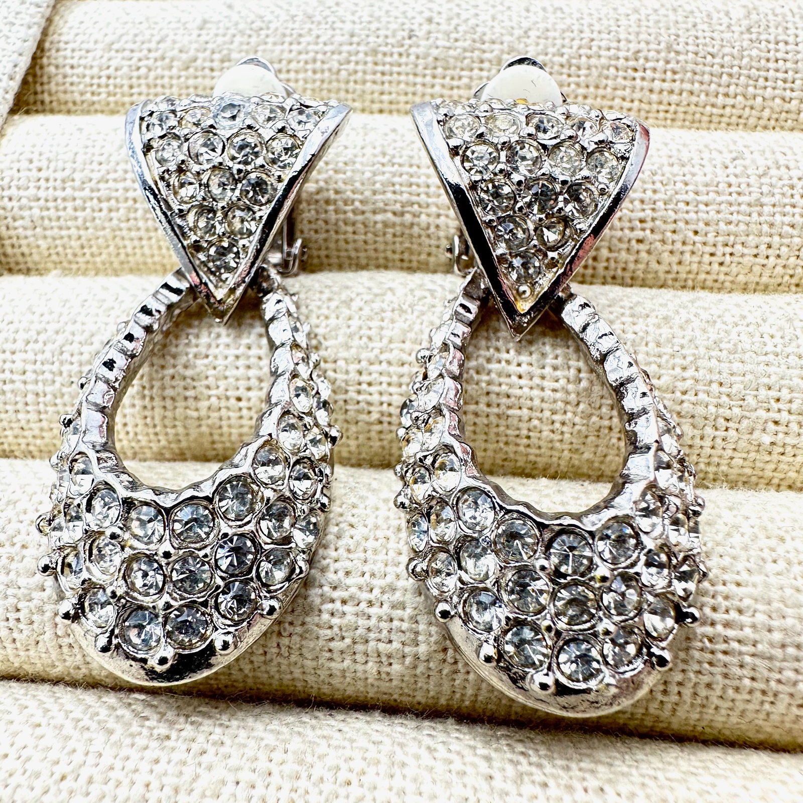 Vintage Clear Glass Rhinestone Silver Tone Door Knocker Clip Earrings 2 Inch (1 of 2)