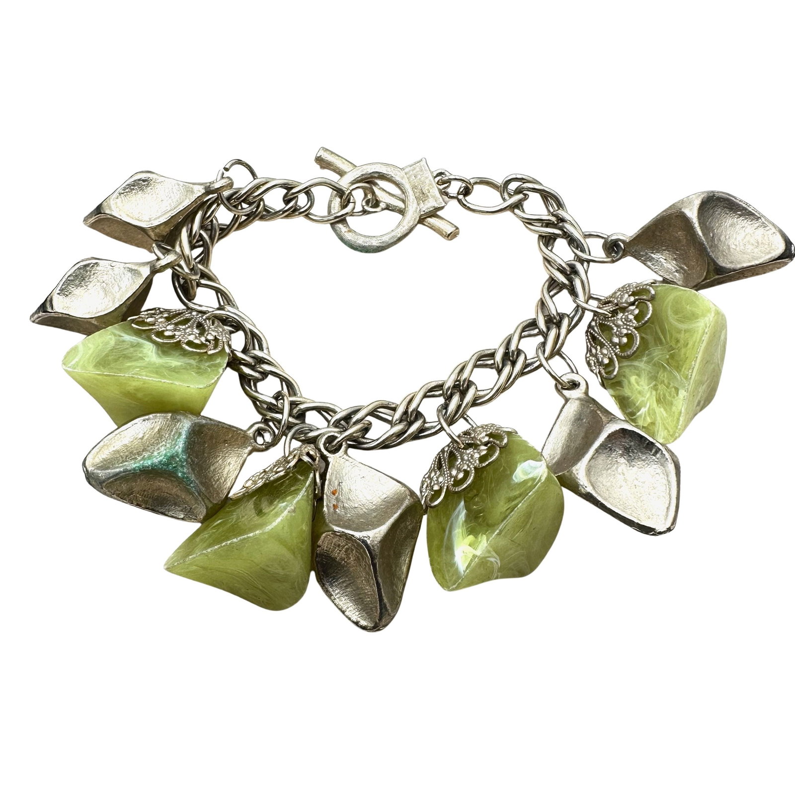 Vintage Green Swirl Lucite Gold tone Charm Bracelet 7 Inch Length (1 of 2)