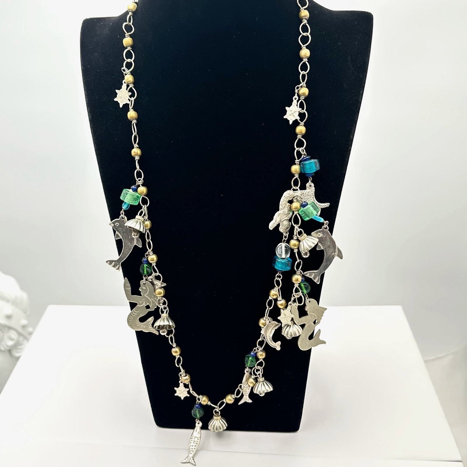 Artisan Mixed Metal Mermaid and Sea Life Necklace Sea Glass Blue Green 28 Inch Length (1 of 2)