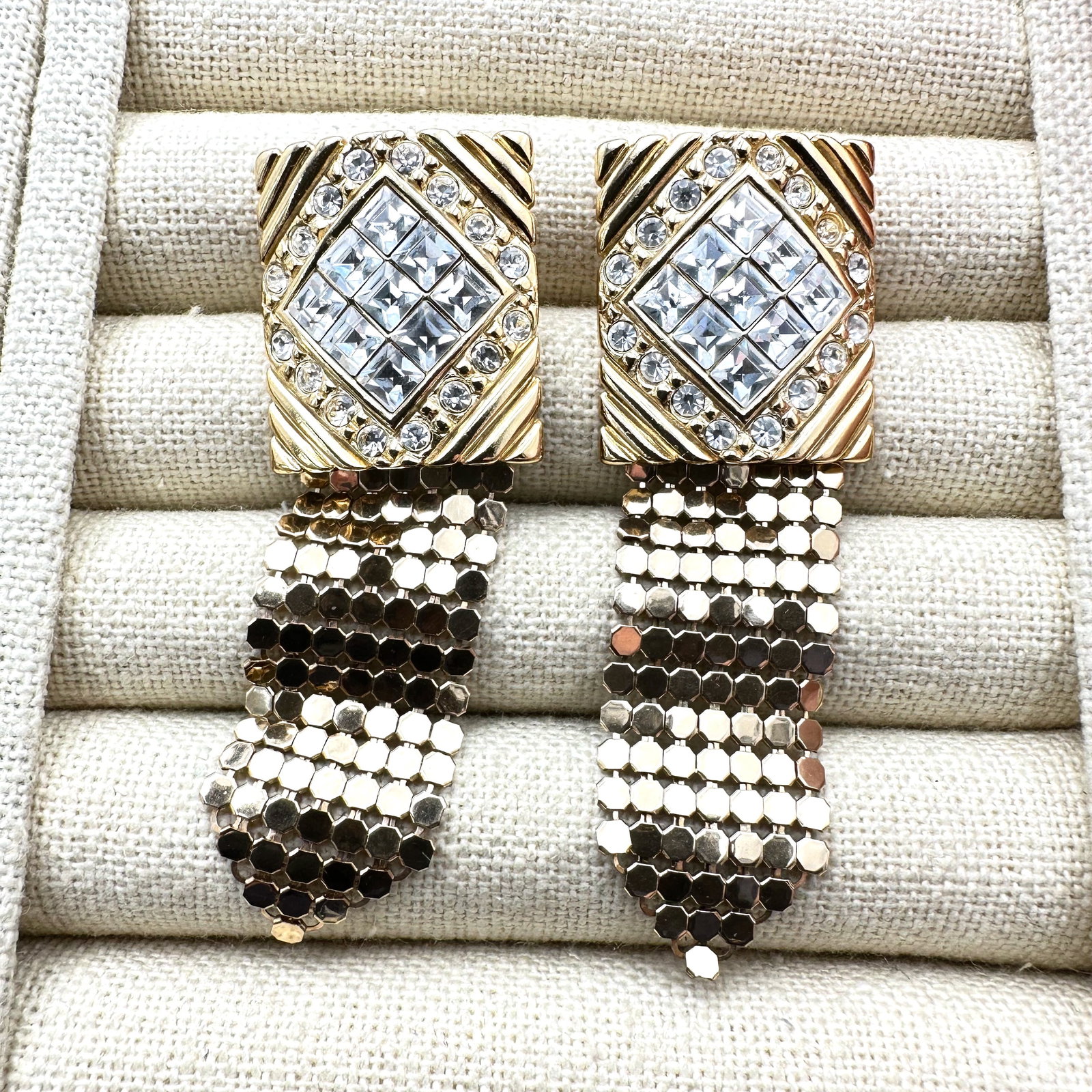 Vintage Whiting and Davis Clear Crystal Gold Tone Mesh Chandelier Pierced earrings 2.5 Inch (1 of 2)