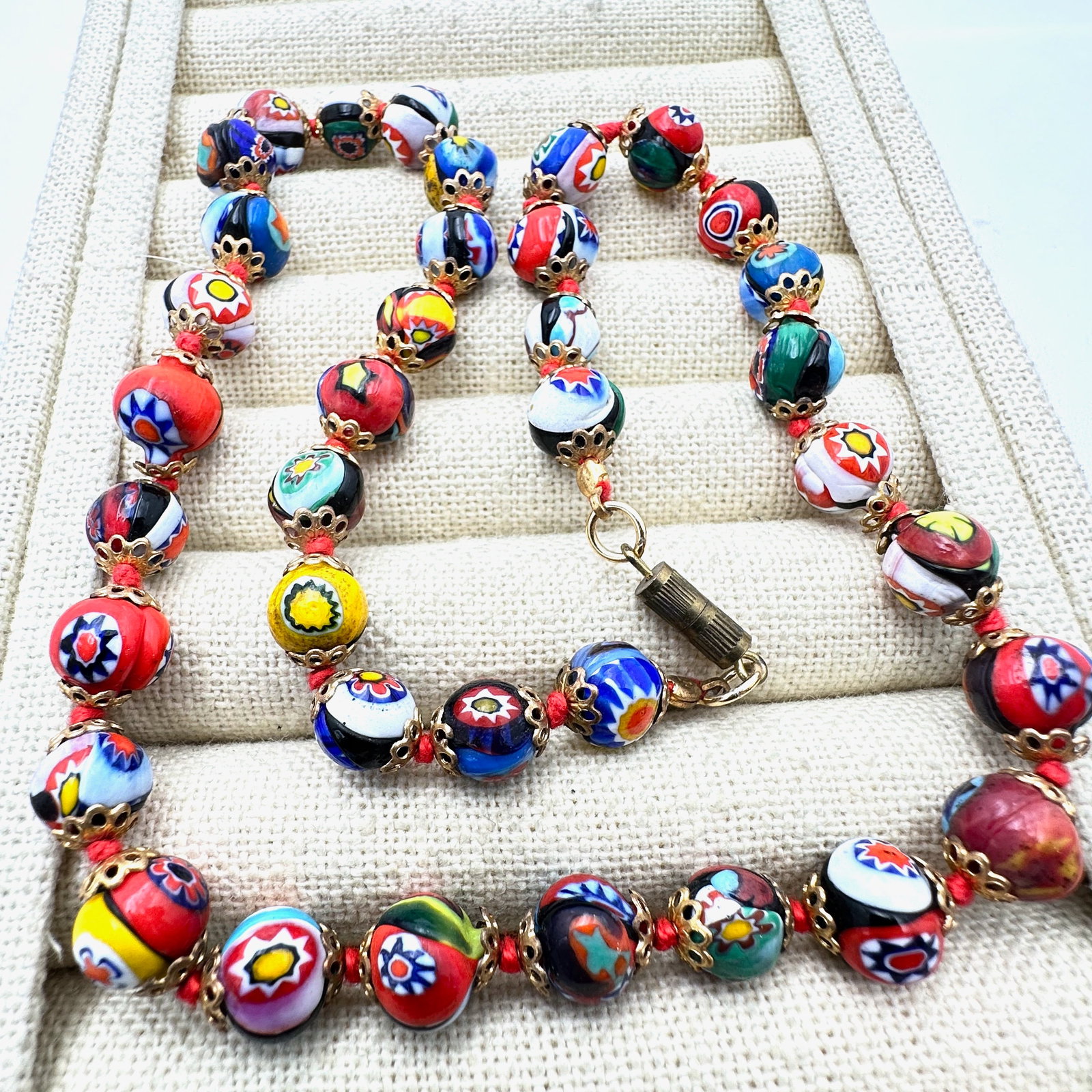 Vintage Hand Knotted Italian Millefiori Glass Bead Necklace 17 Inch (1 of 2)