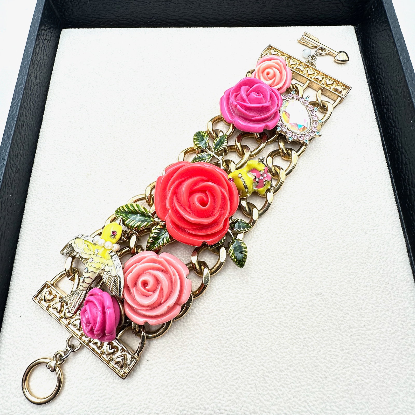 Vintage Retired Betsy Johnson Spring Rose Garden Wide Charm Bracelet Bird Frog Roses 8 Inch: Vintage Retired Betsy Johnson Spring Rose Garden Wide Charm Bracelet Bird Frog Roses 8 Inch