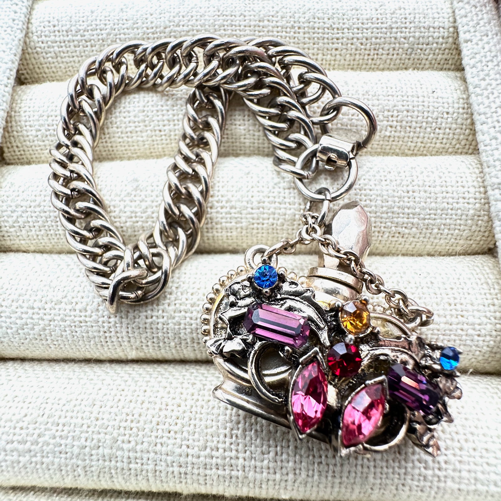 Vintage Multicolor Rhinestone Perfume Bottle Charm Gold Tone Bracelet 7 Inch (1 of 2)