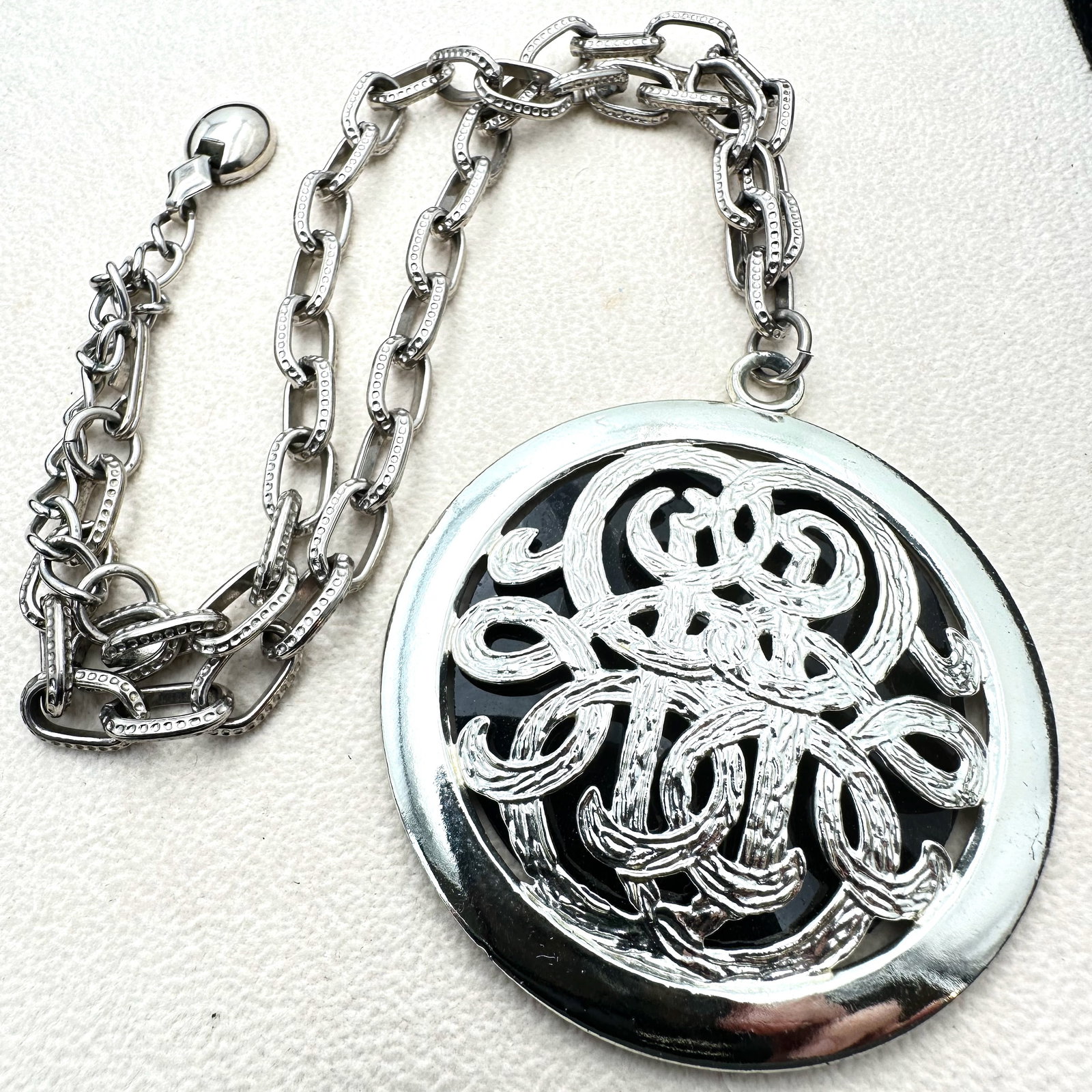 Vintage Mid Century Modern Ornate Medallion Large Pendant Silver Tone Necklace 18 to 20 Inch (1 of 2)