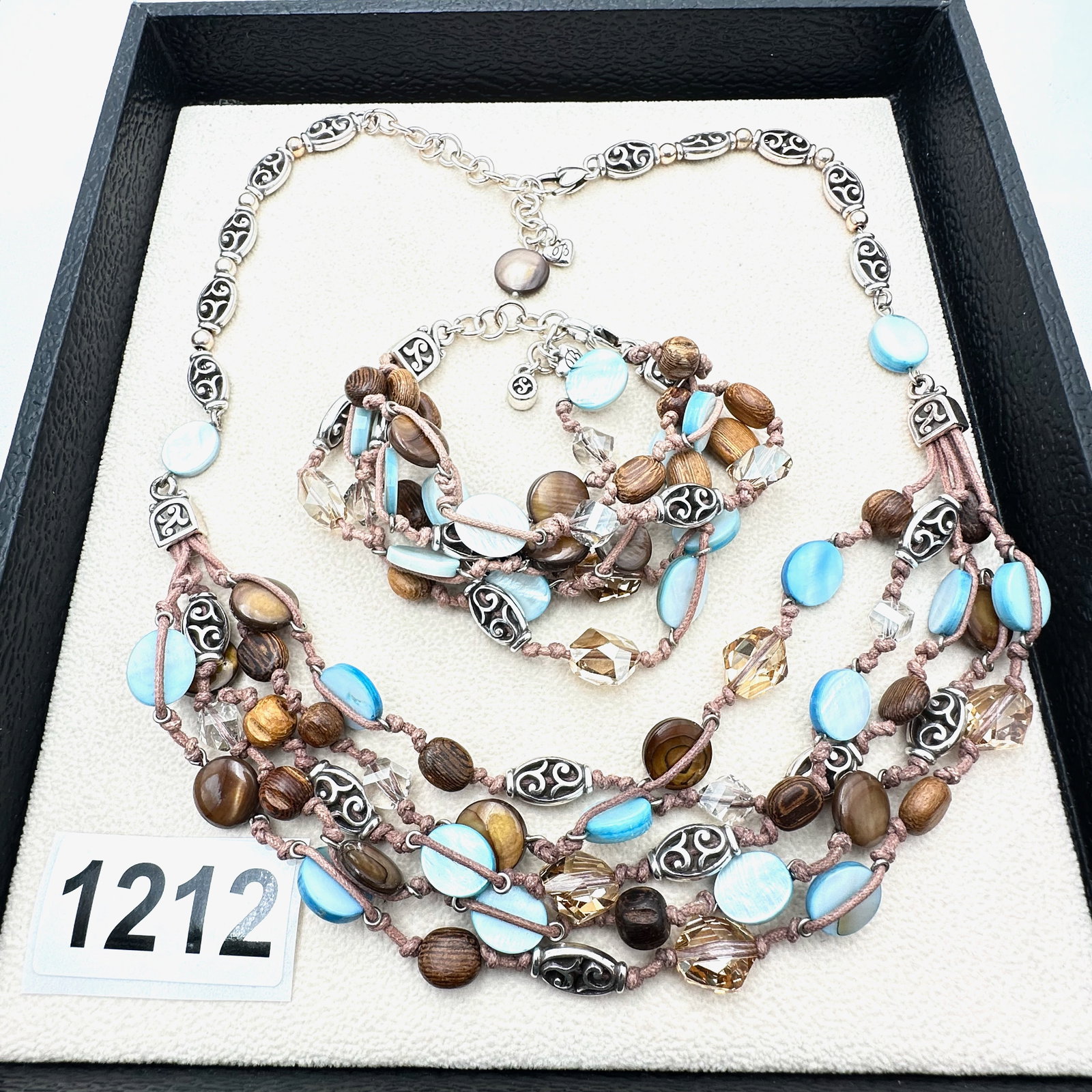 Vintage Brighton Silver Plated Necklace and Bracelet Set Blue Mother of Pearl Clear Crystals (1 of 2)