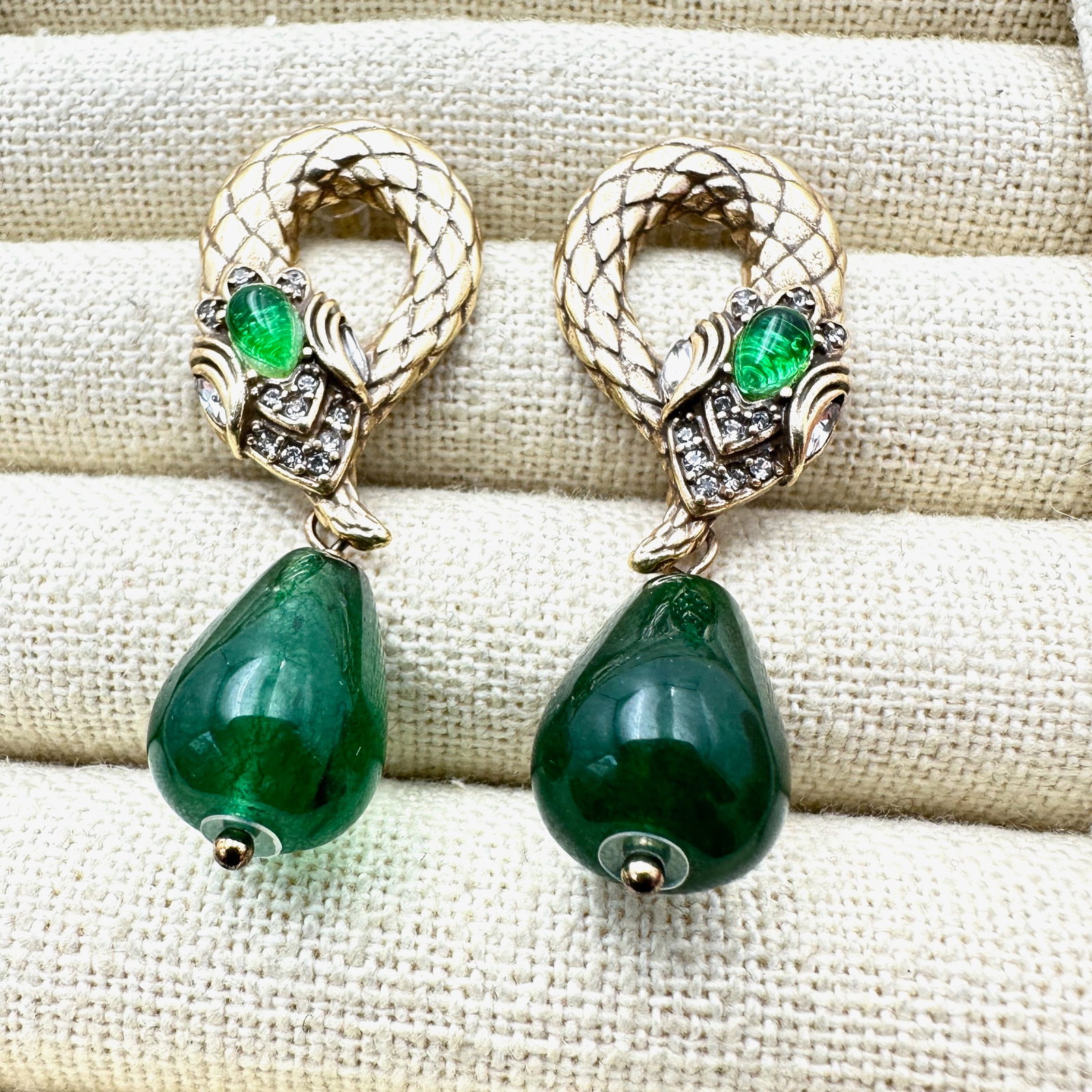 Rhinestone Gold Tone Snake Pierced Earrings Green Glass Drop Chandelier 2 Inch Length (1 of 2)
