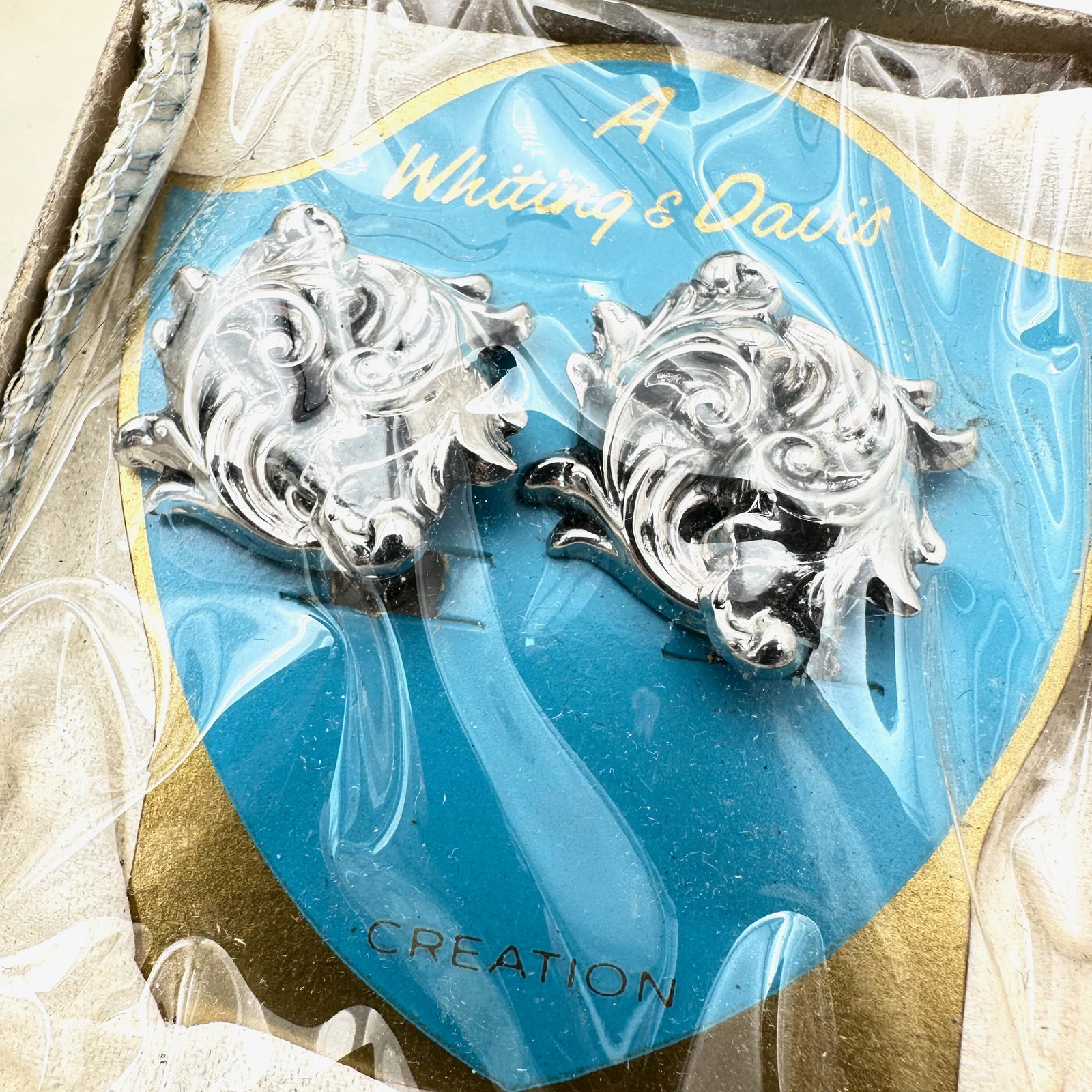 Vintage Whiting And Davis Silver Tone Clip Earrings in Original Packaging: Vintage Whiting And Davis Silver Tone Clip Earrings in Original Packaging