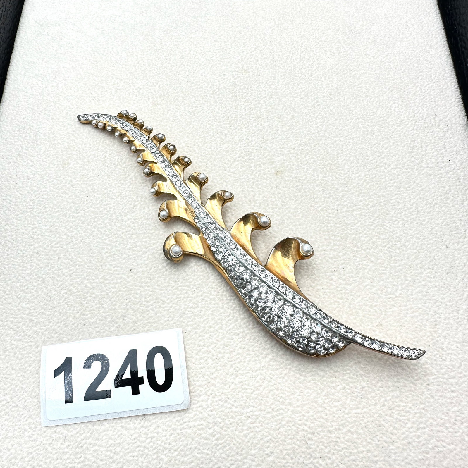 Antique 1940s Era Clear Rhinestone Gold Plated Silver Pot Metal Brooch 5 Inch Length: Antique 1940s Era Clear Rhinestone Gold Plated Silver Pot Metal Brooch 5 Inch Length