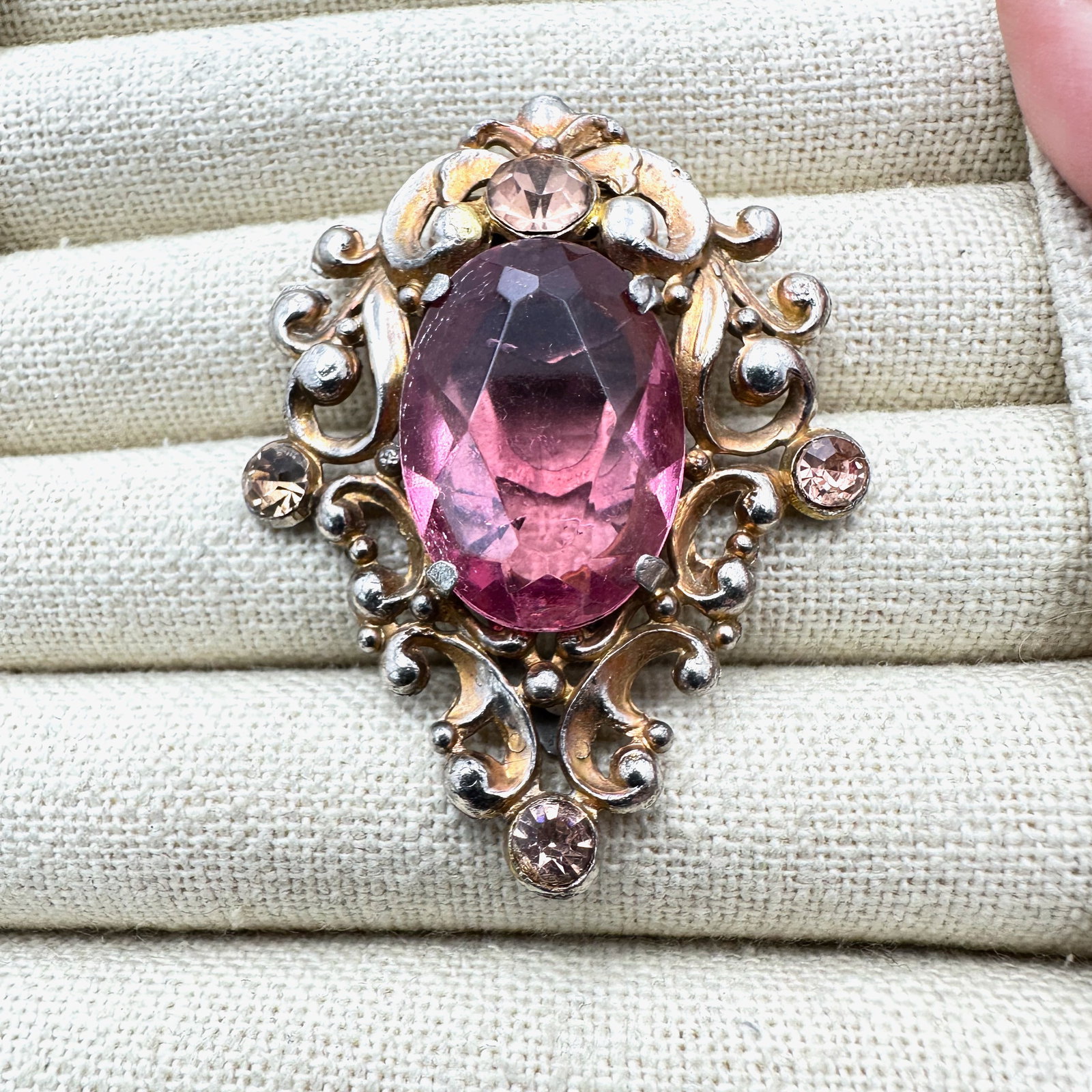 Antique Pink Glass Stone Gold Gilt Silver Pot Metal Fur Clip 2.25 Inch (1 of 2)