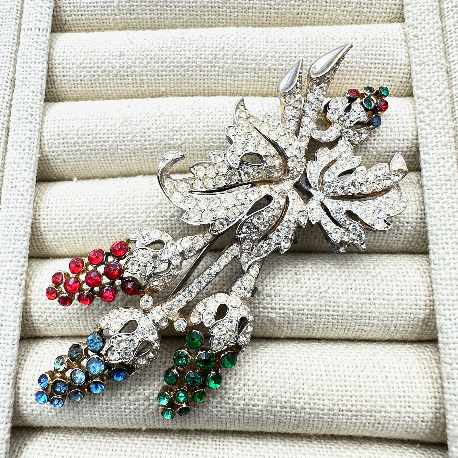 Antique 1940s Era Silver Pot Metal Red Blue Green Flower Brooch Pin 3.5 Inch (1 of 2)