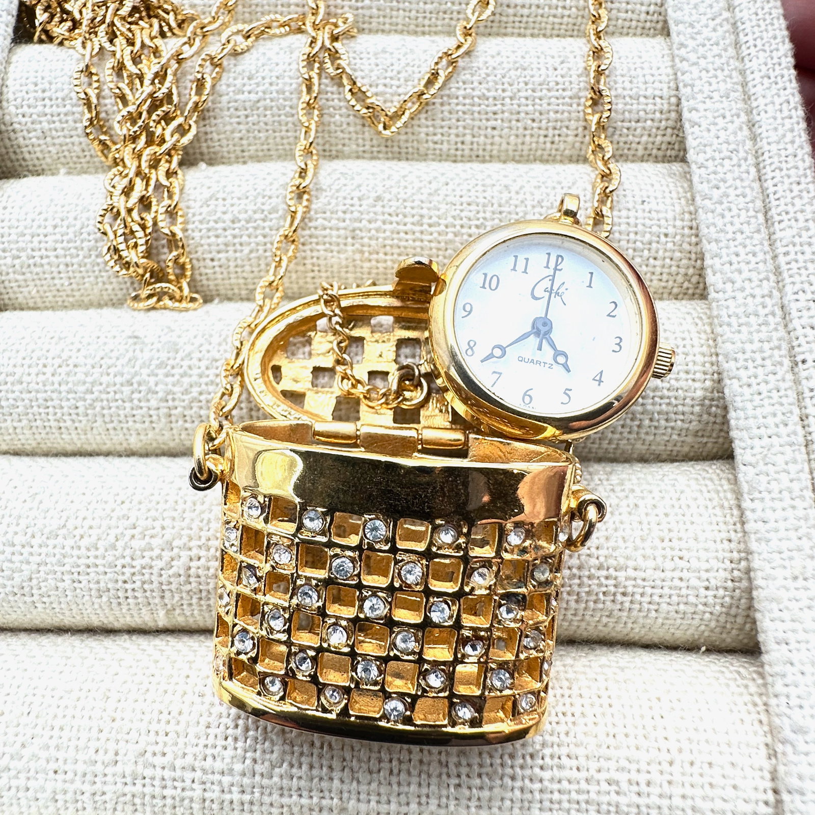 Vintage Watch in Basket Pendant Gold Tone Necklace Watch Will Need Battery: Vintage Watch in Basket Pendant Gold Tone Necklace Watch Will Need Battery