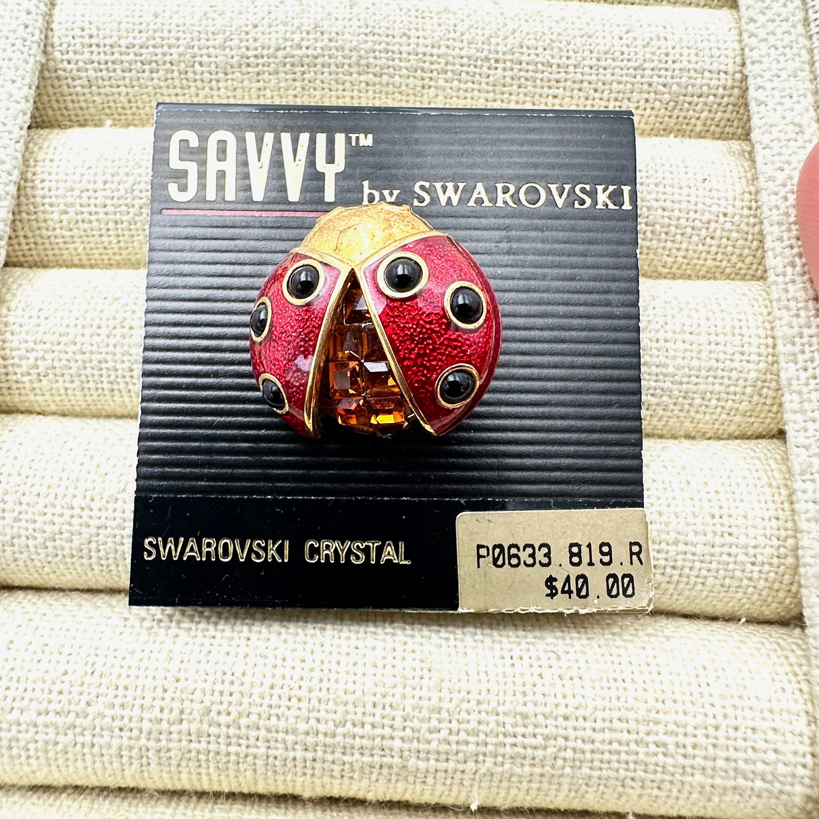 Vintage Savvy Swarovski Crystal enamel Lady Bug Gold Plated Brooch Pin on Original Card (1 of 2)