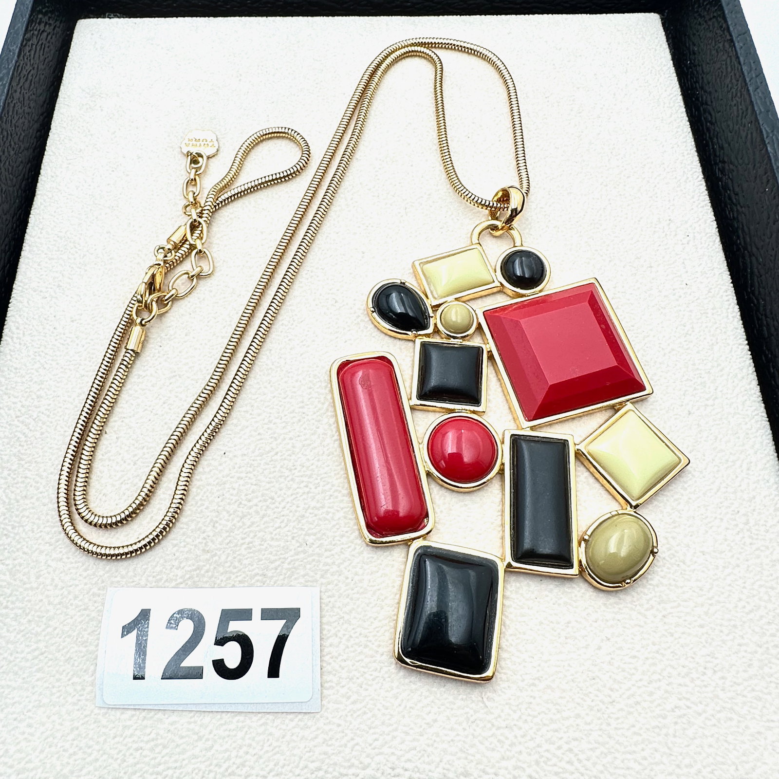 Designer Trina Turk Bold Red Blue Pendant Gold Tone Statement Necklace 24 Inch Chain (1 of 2)