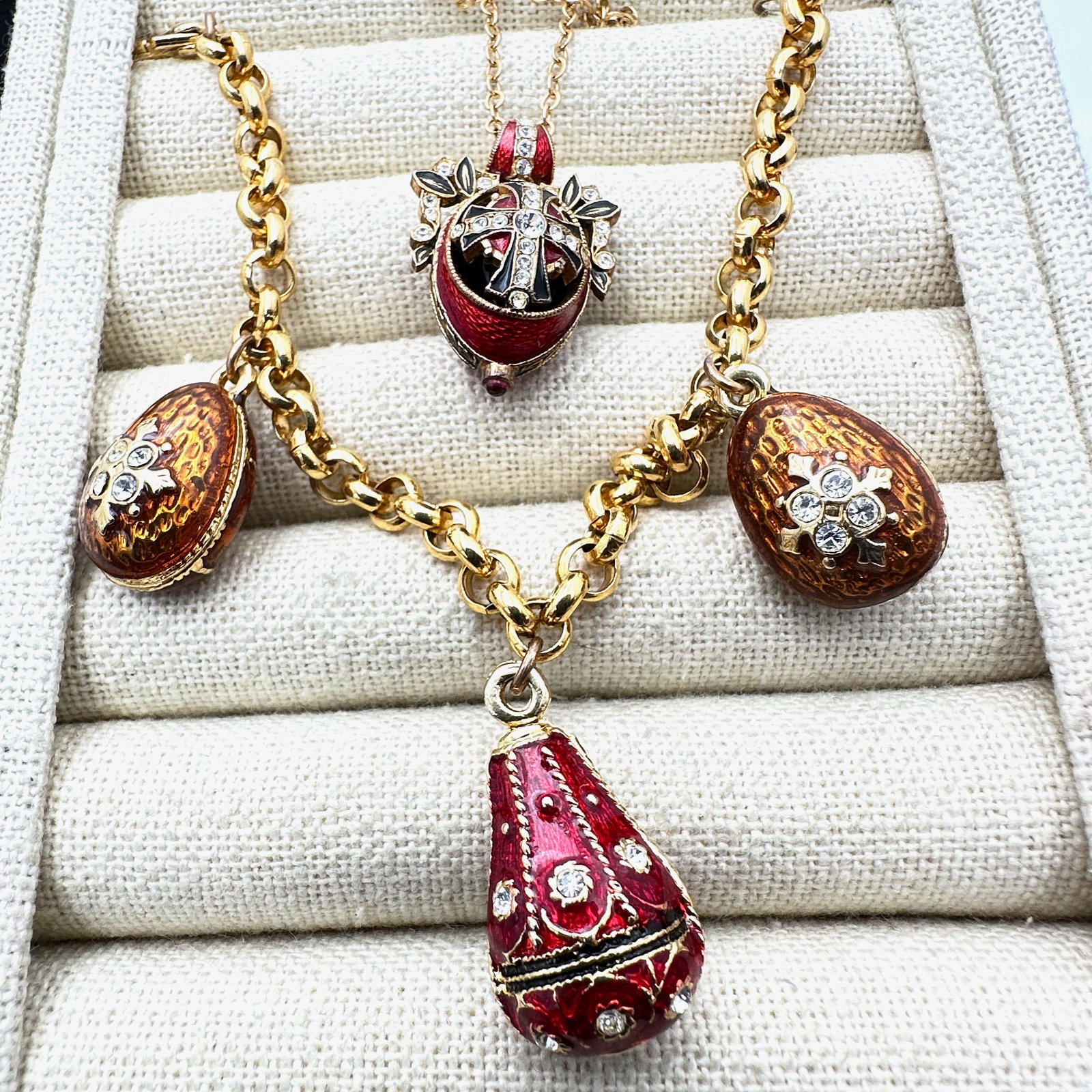 Vintage Russian Enamel Egg Pendant Necklace and Charm Bracelet Gold Tone (1 of 2)