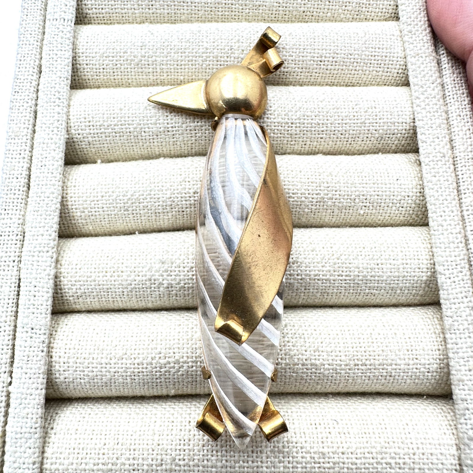 Antique Carved Lucite Brass Figural Penguin Pin Brooch 3.5 Inch (1 of 2)