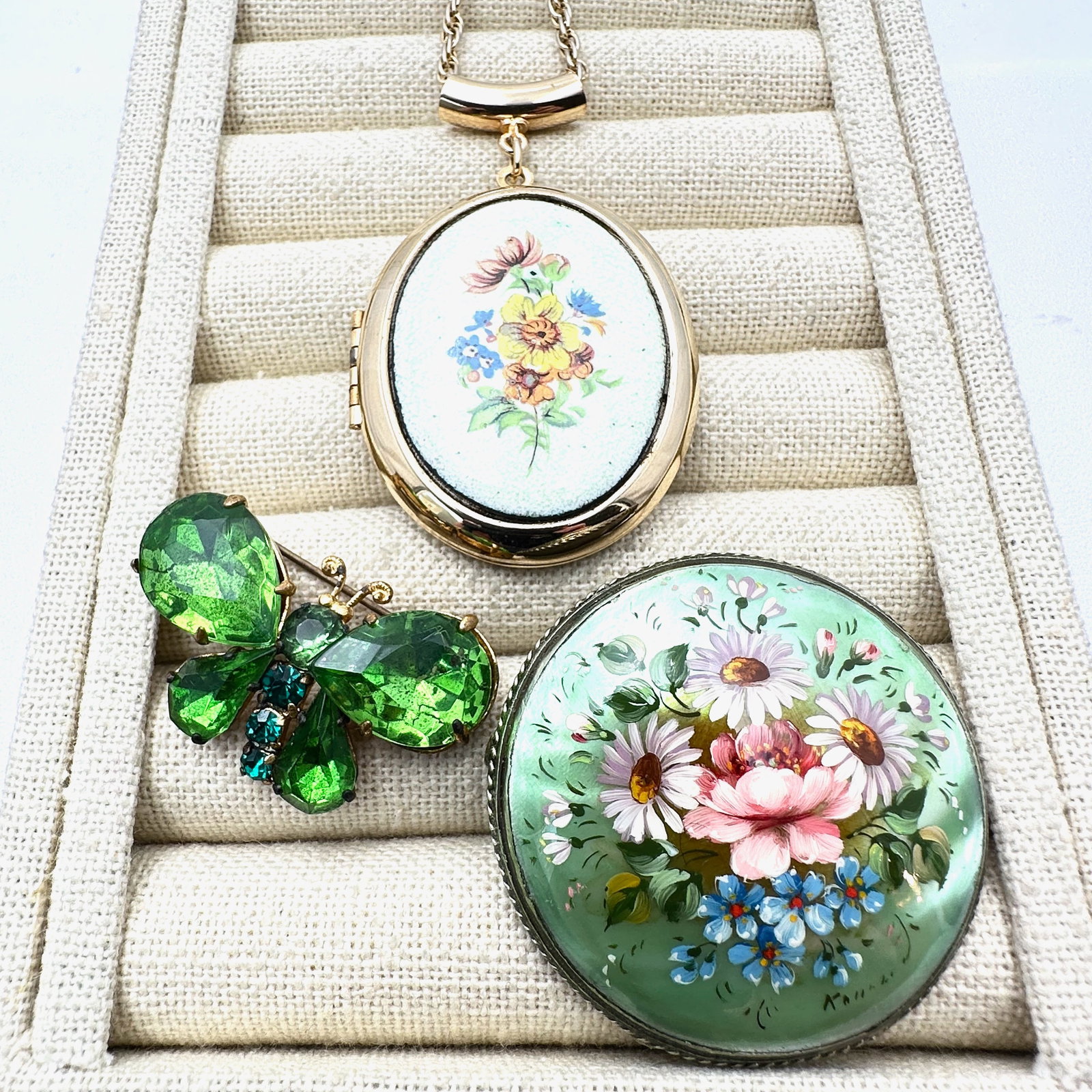 Vintage Jewelry Group Lot Enamel Guilloche Locket Necklace Hand Painted Brooch Rhinestone Butterfly (1 of 2)