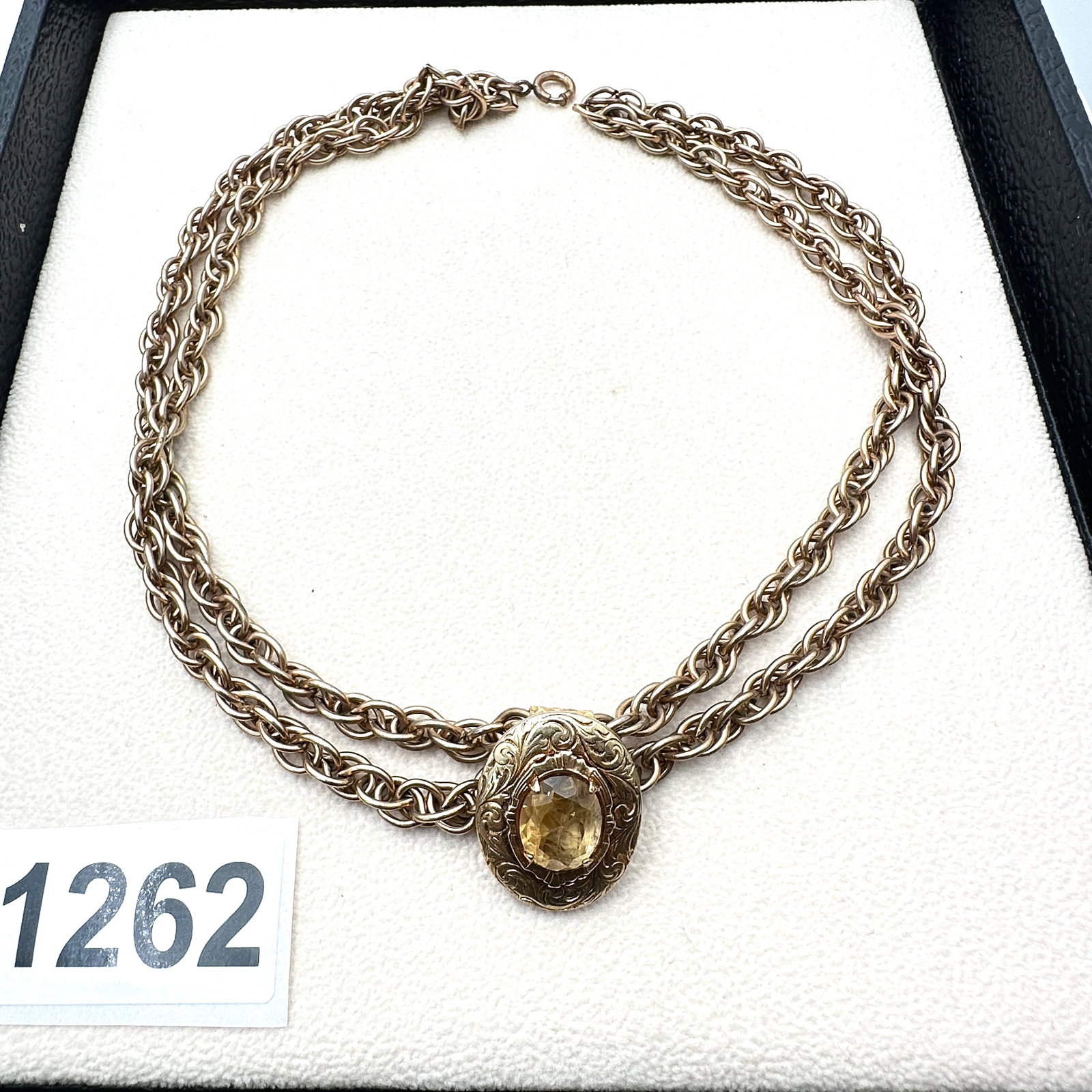 Antique Yellow Glass Stone Gold Tone Choker Necklace 15 Inch Petite Size: Antique Yellow Glass Stone Gold Tone Choker Necklace 15 Inch Petite Size