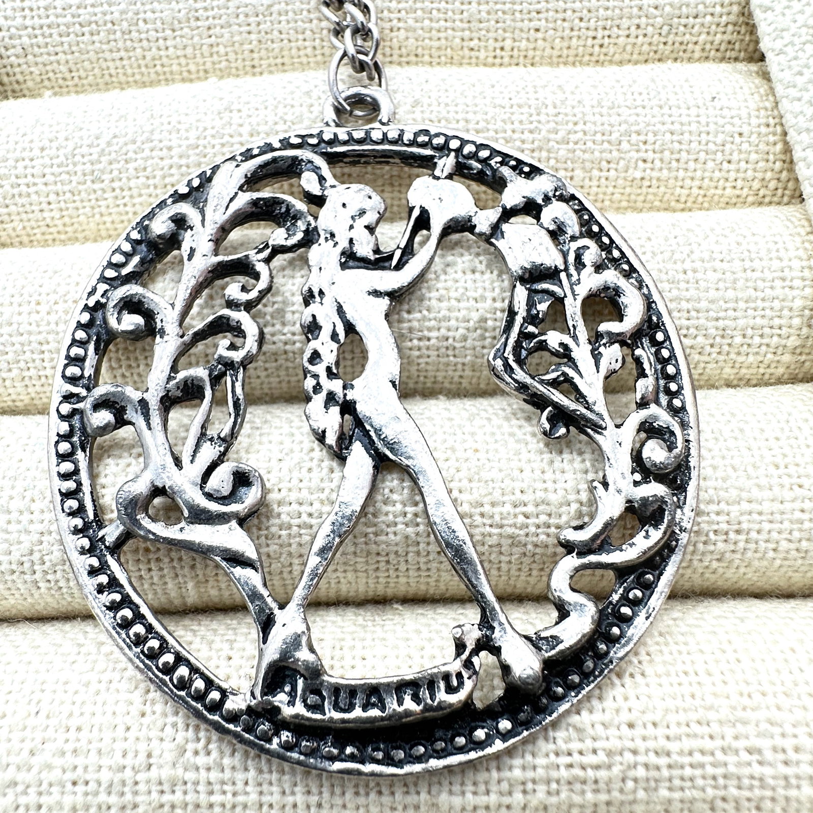 Vintage Aquarius Silver Tone Large Pendant Necklace 28 Inch Chain (1 of 2)