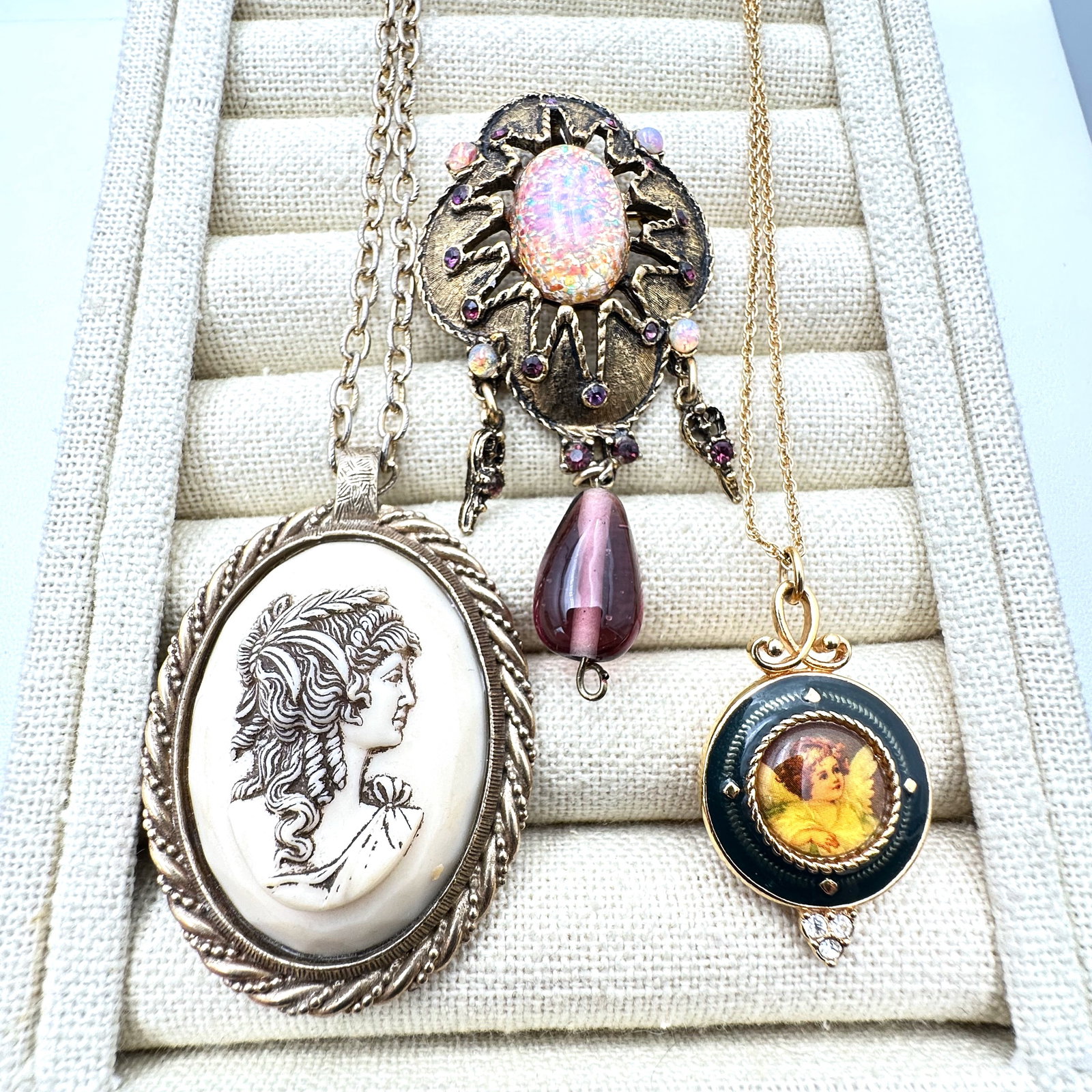 Vintage Jewelry Group Lot Cameo Pendant Portrait Necklace and Dragon Breath Glass Brooch Pin (1 of 2)
