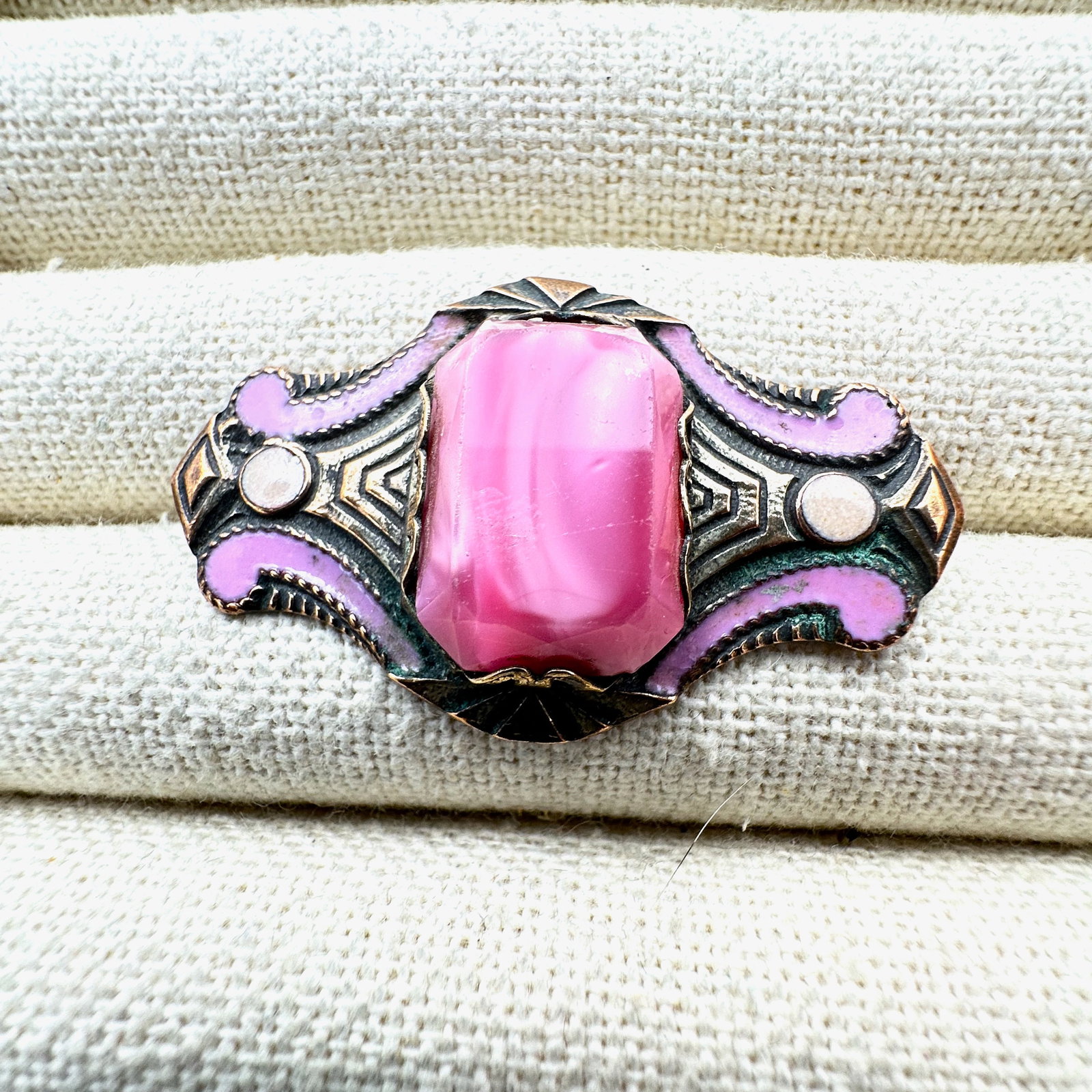 Antique Art Deco Pink Swirl Glass Enamel Gold Tone Brooch Pin 1.75 Inch (1 of 2)