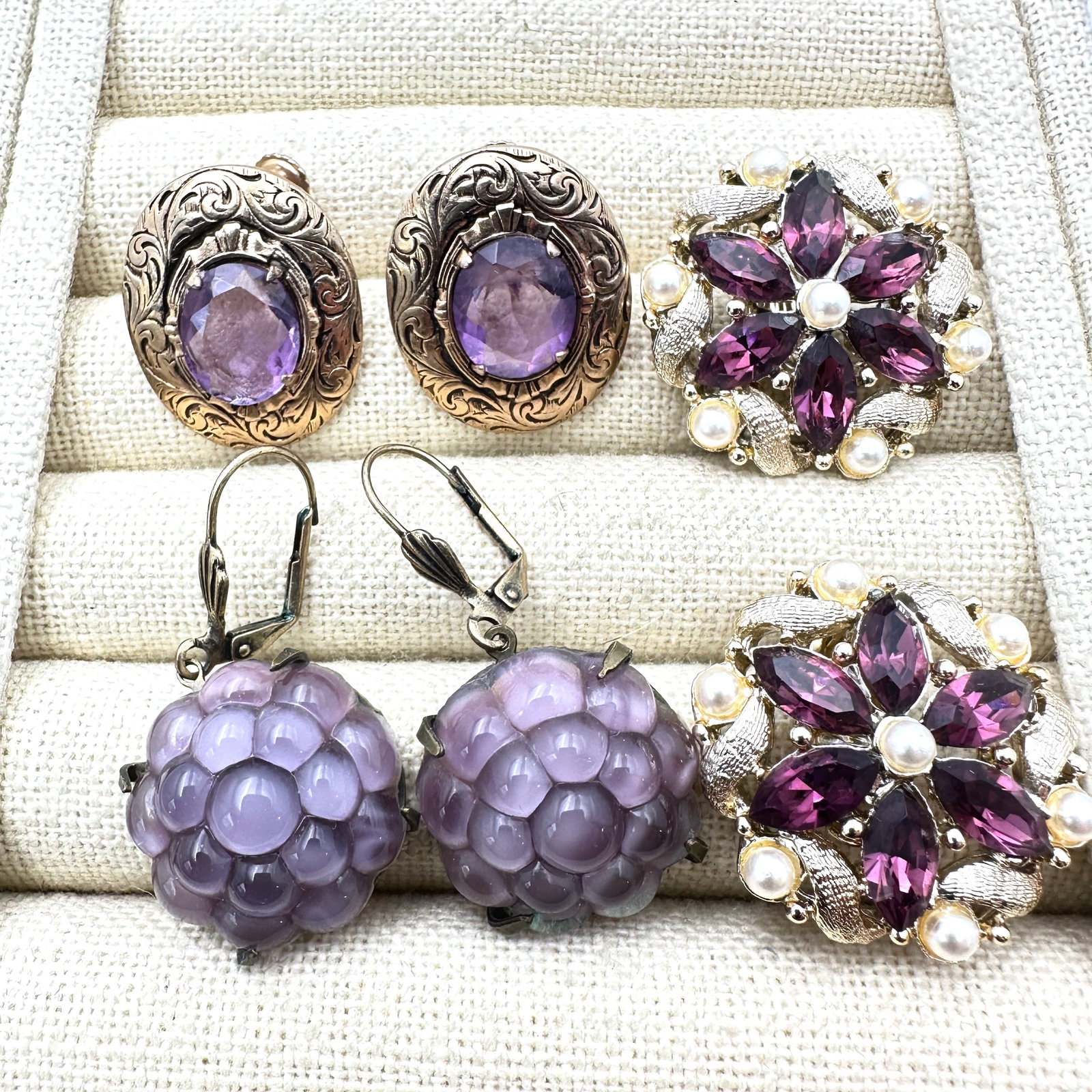 Vintage Jewelry Group Molded Glass Earrings Purple Rhinestone Gold Tone (1 of 2)