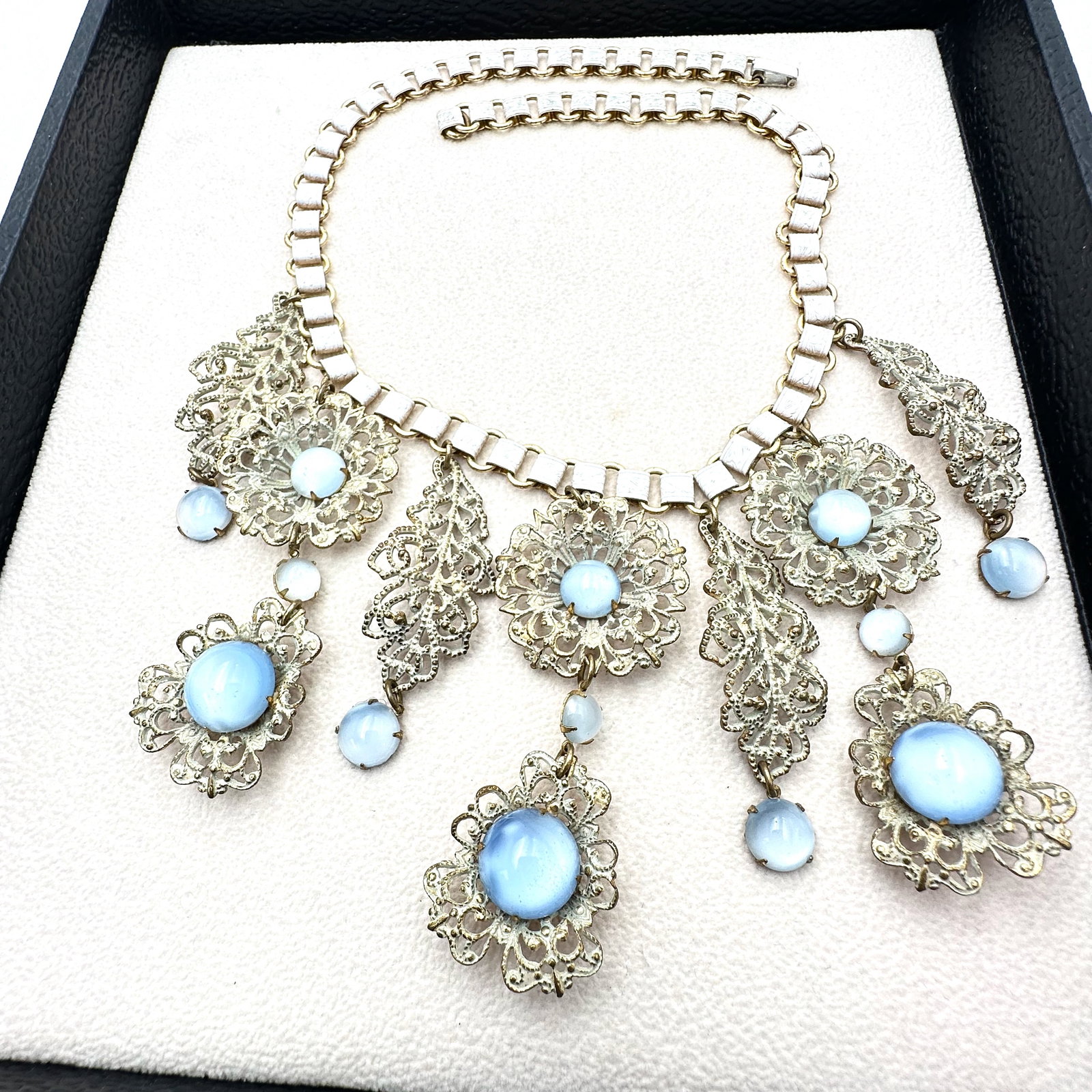 Antique Book Chain Filigree Bib Necklace Blue Cats Eye Glass Stones 16 Inch (1 of 2)
