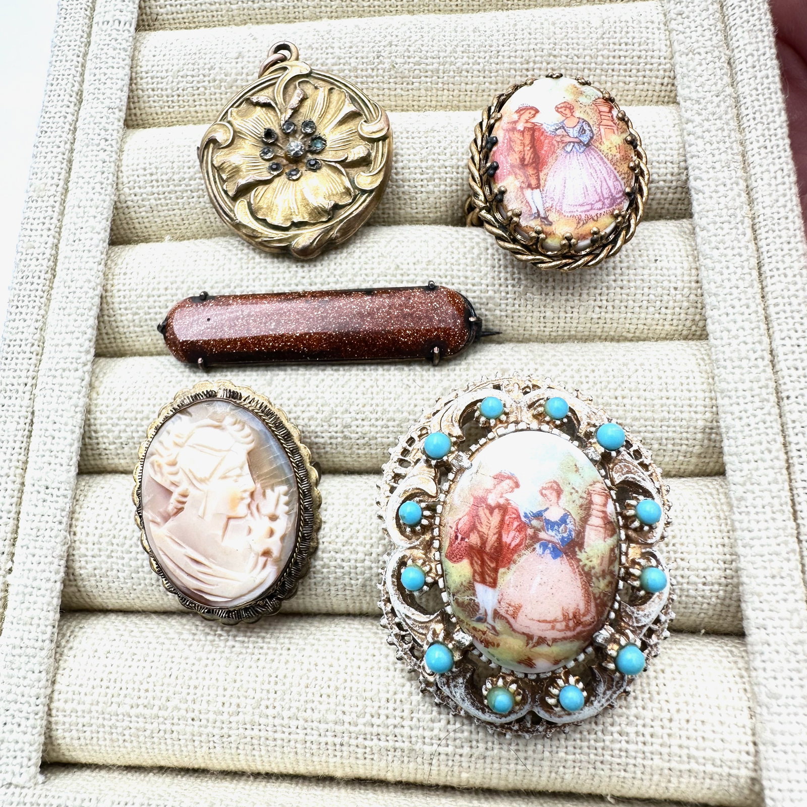 Vintage Jewelry Group Lot Gold Filled Locket Carved Shell Cameo Portrait Brooch and Ring Adjustable (1 of 2)