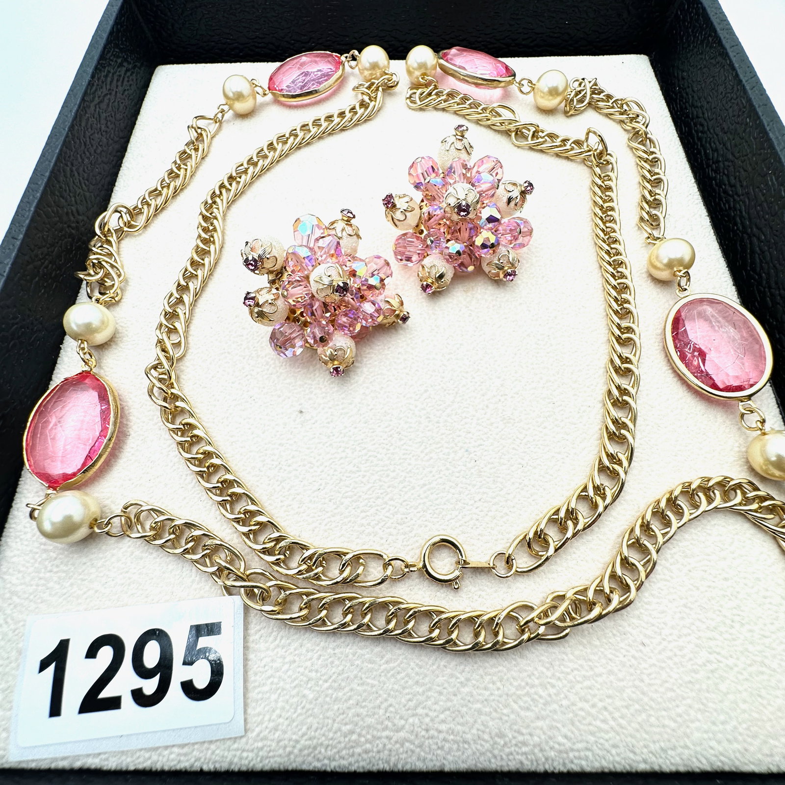 Vintage Pink Crystal Faux Pearl Gold Tone Necklace and Coordinating Pink Crystal Clip Earrings (1 of 2)