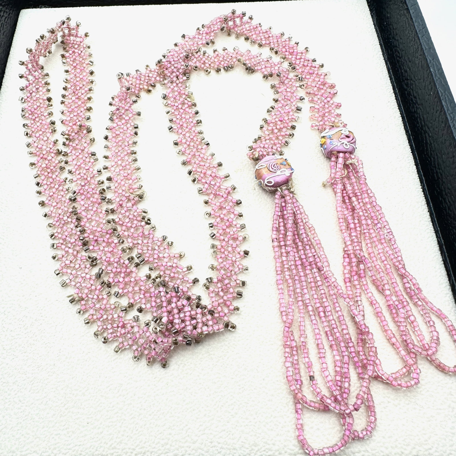 Art Deco Flapper Necklace Pink Glass Seed Beads and Wedding Cake Glass Beads 32 Inch: Art Deco Flapper Necklace Pink Glass Seed Beads and Wedding Cake Glass Beads 32 Inch