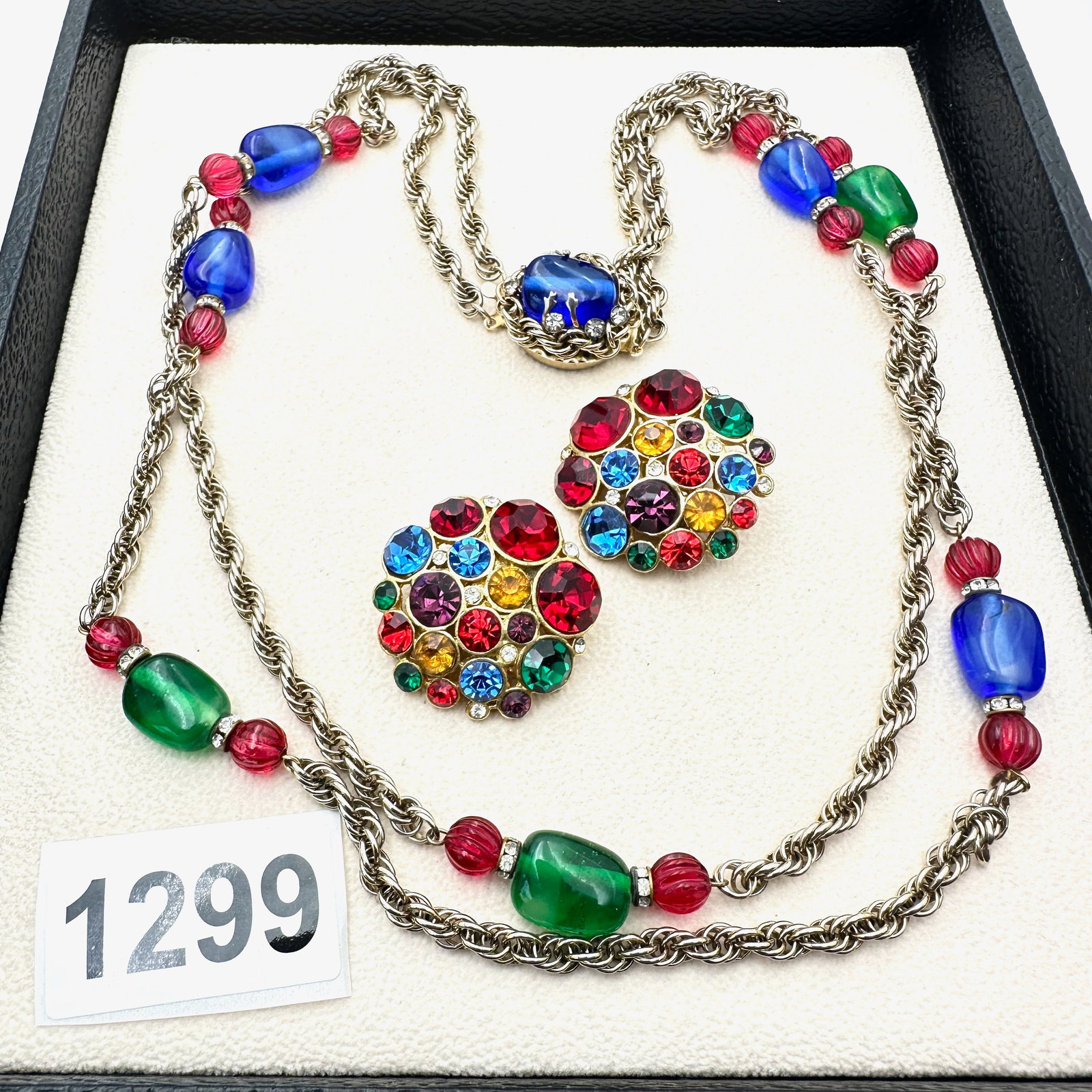 Vintage Jewel Tone Glass Bead Gold Tone Necklace 22 Inch Jewel Tone Rhinestone Gold Tone Clip (1 of 2)