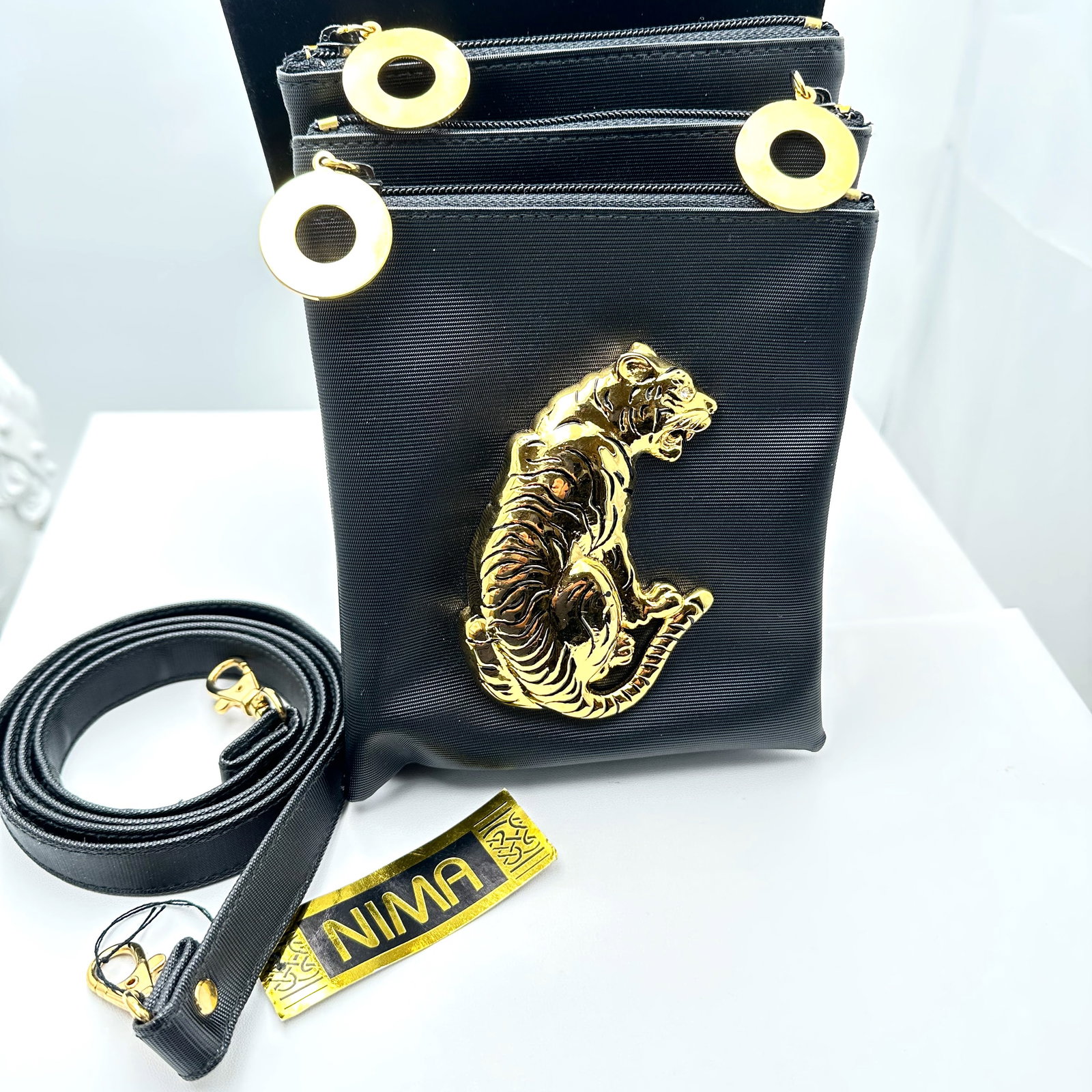 Vintage 1980s Era Gold Lion Tiger Black Purse Hand Bag Unworn Condition Main Purse 7 inch by 5 Inch (1 of 2)