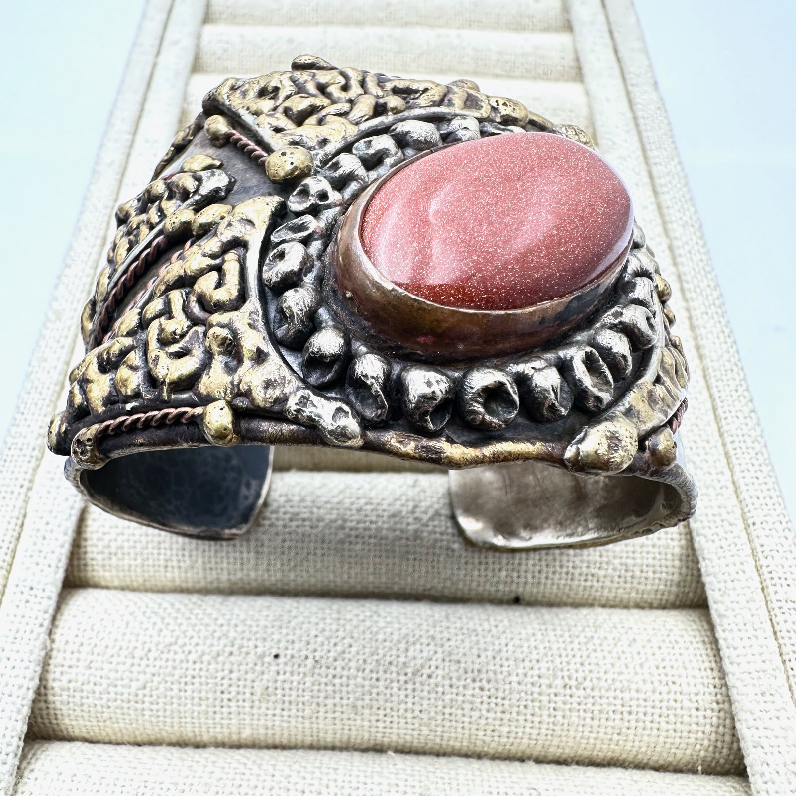 Vintage Artisan Mixed Metal Cuff Bracelet Large Goldstone Gemstone Cabochon Adjustable Size (1 of 3)