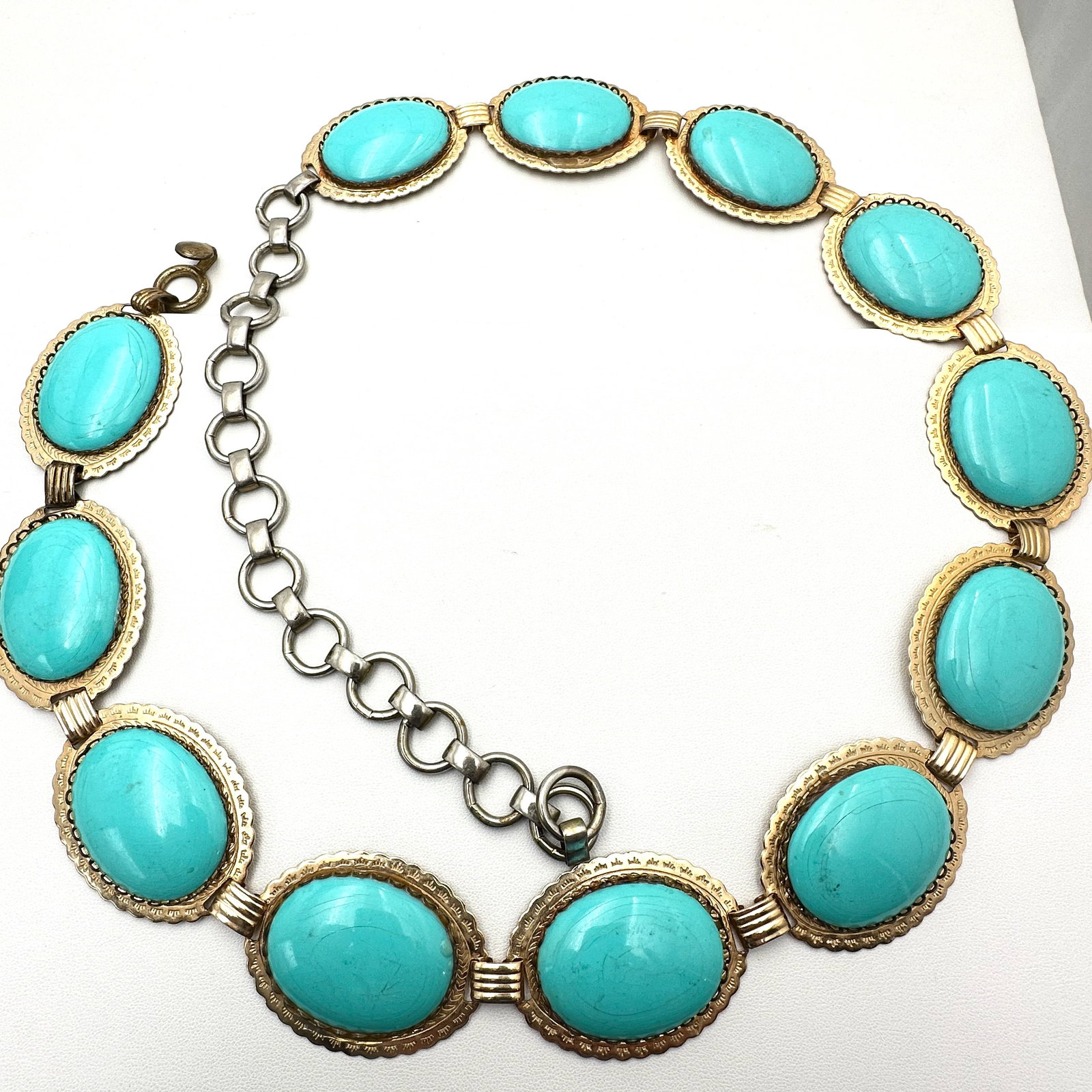 Vintage Southwest Style Concho Belt Turquoise Glass Cabochons Light Gold Tone Metal Fits up to 36 (1 of 2)