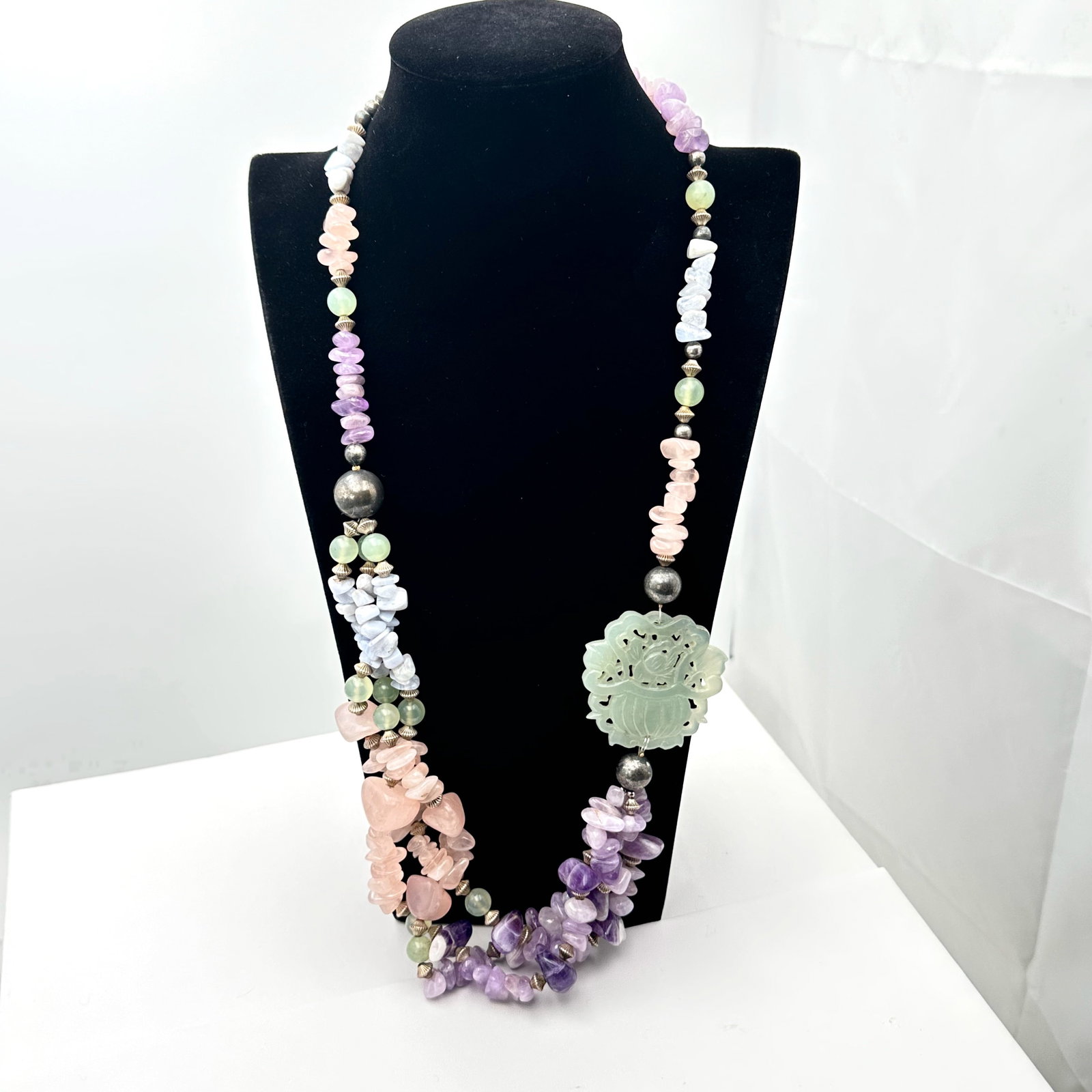 Huge Vintage Estate Carved Jade Amethyst Rose Quartz Mixed Metal Statement Necklace 26 Inch Wearable (1 of 2)
