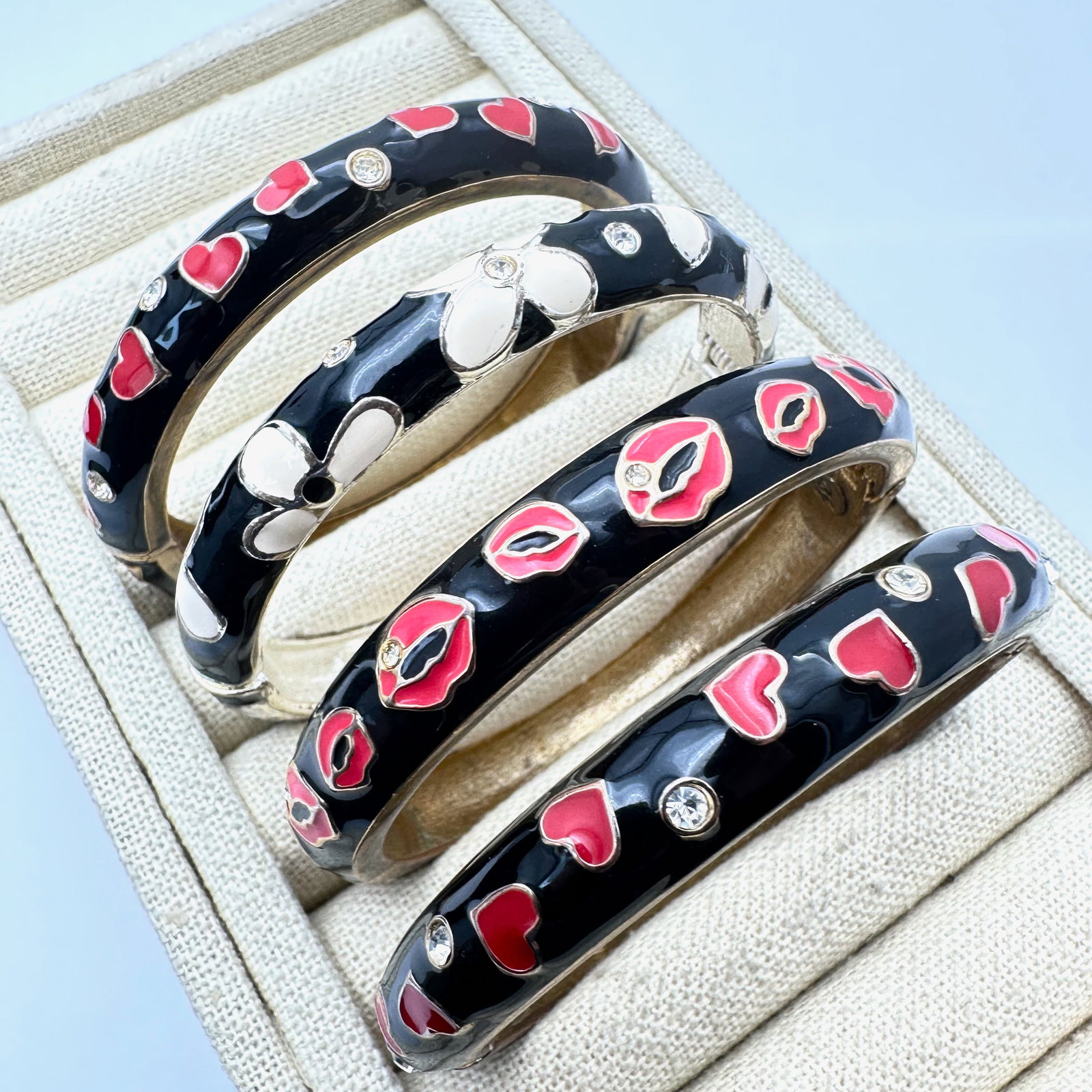 Vintage Fun Retro Red White Black Enamel Stacking Bangle Bracelets Lips Hearts Flowers Crystals (1 of 2)