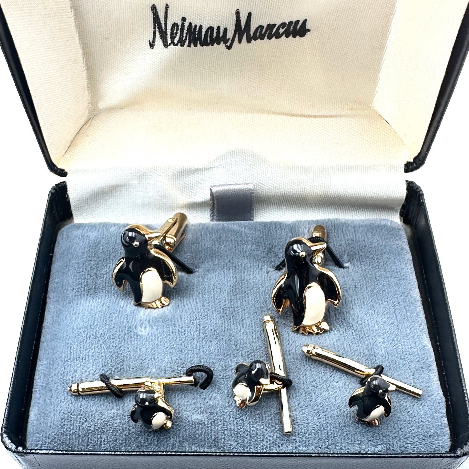 Vintage Enamel Black White Penguin Cuff Links and 3 Shirt Buttons In Original Box Gold Tone (1 of 2)
