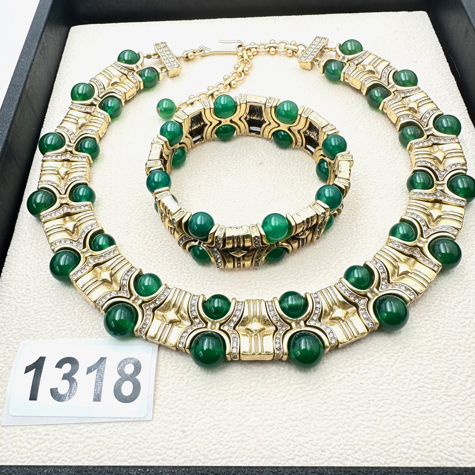 Clear Crystal Green Glass Bead Gold Tone Statement Necklace and Matching Adjustable Bracelet 16 Inch (1 of 2)