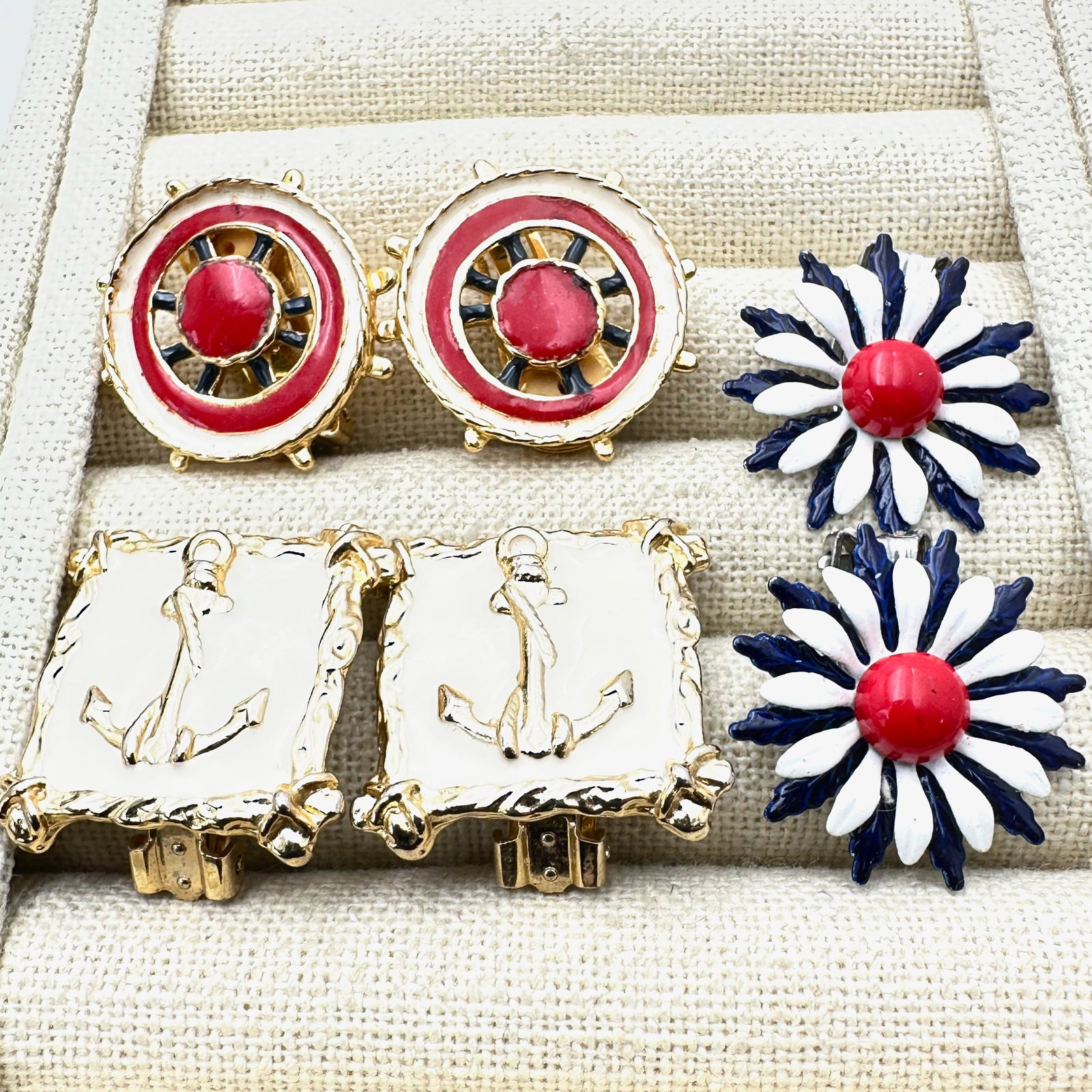 Vintage Jewelry Group Lot Red White and Blue Enamel Clip Flower Earrings Enamel Anchor and Sailing (1 of 2)