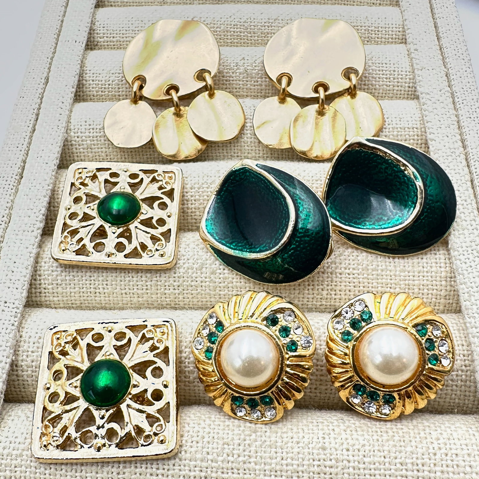 Vintage Jewelry Group Lot 1980s and 1990s Era Green Enamel Crystal and Faux Pearl Clip Earrings: Vintage Jewelry Group Lot 1980s and 1990s Era Green Enamel Crystal and Faux Pearl Clip Earrings
