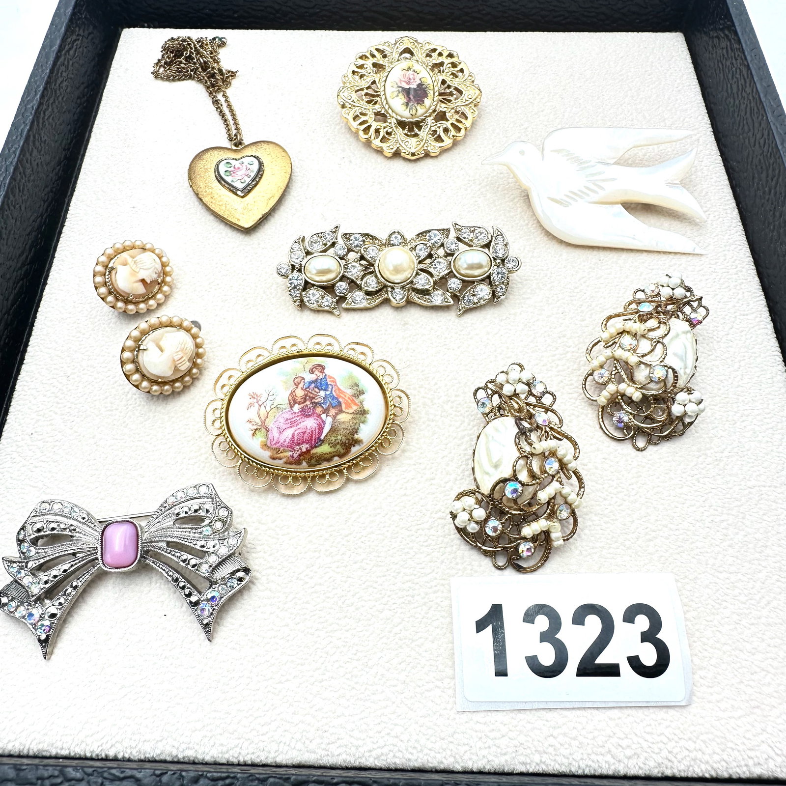 Vintage Jewelry Group Lot Guilloche Locket Necklace 1928 Brand Brooches Clip Earrings Mother of: Vintage Jewelry Group Lot Guilloche Locket Necklace 1928 Brand Brooches Clip Earrings Mother of Pearl Bird Brooch