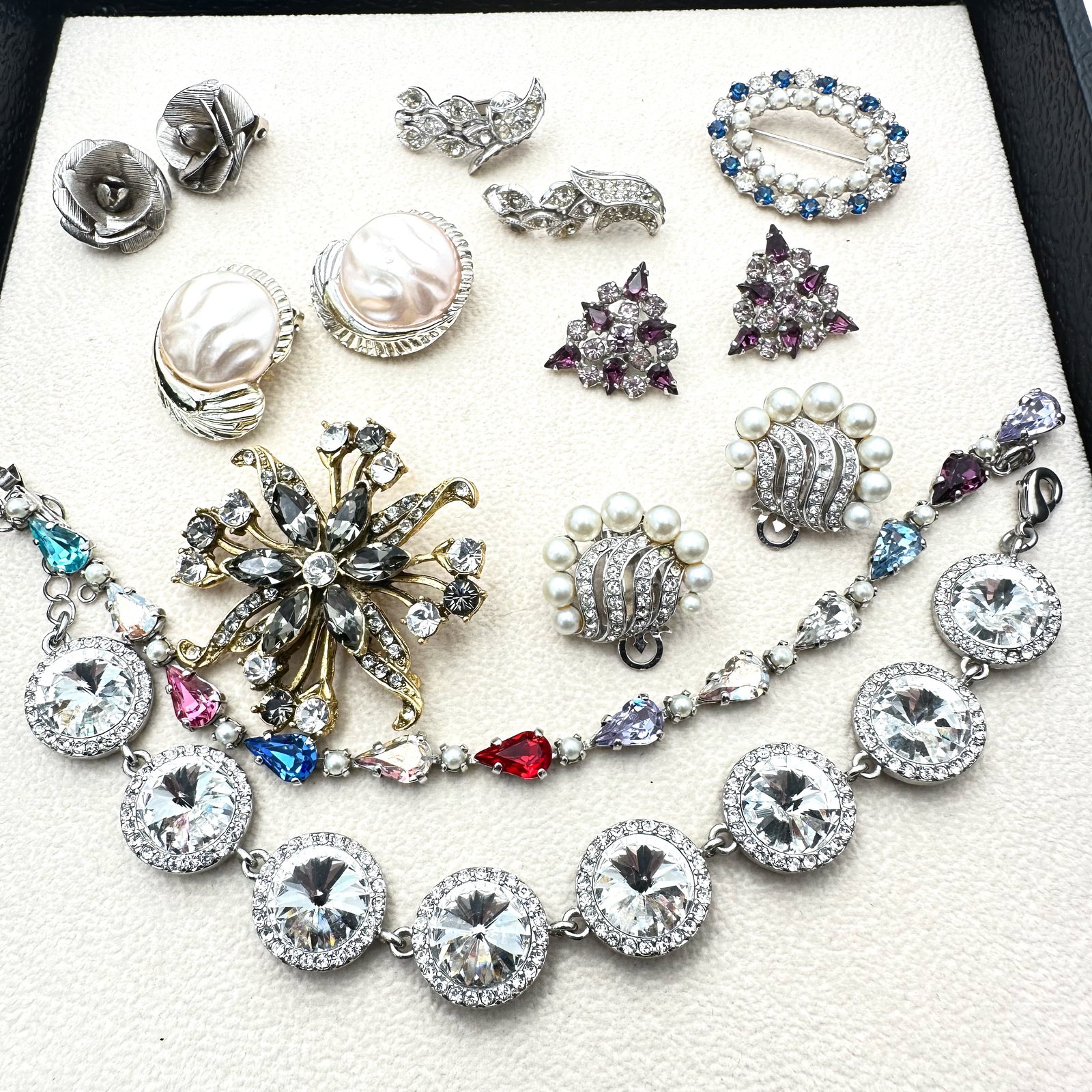 Vintage Jewelry Group Lot B David Rhinestone Earrings Brooches Bracelet Crystal Clip Earrings and (1 of 2)